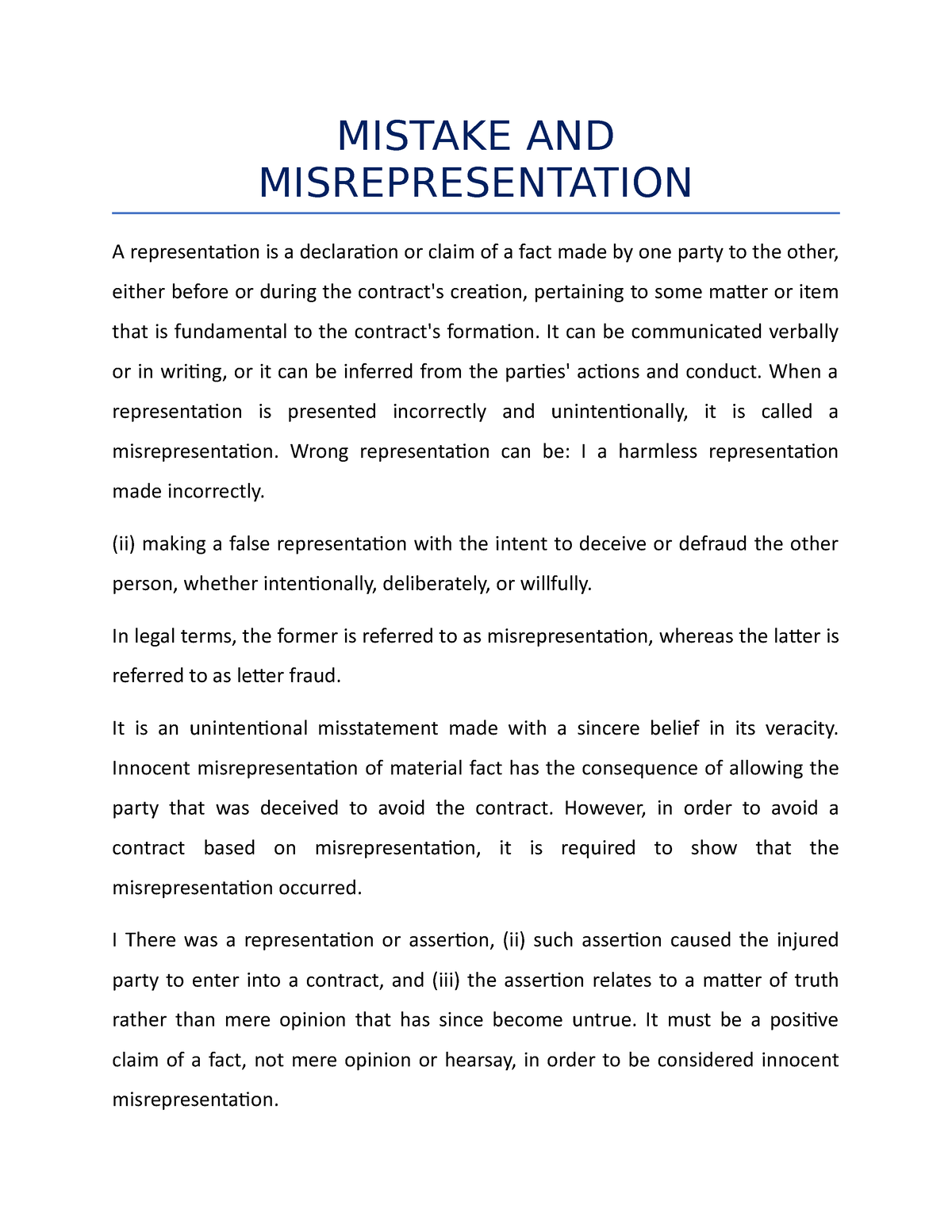 misrepresentation and mistake