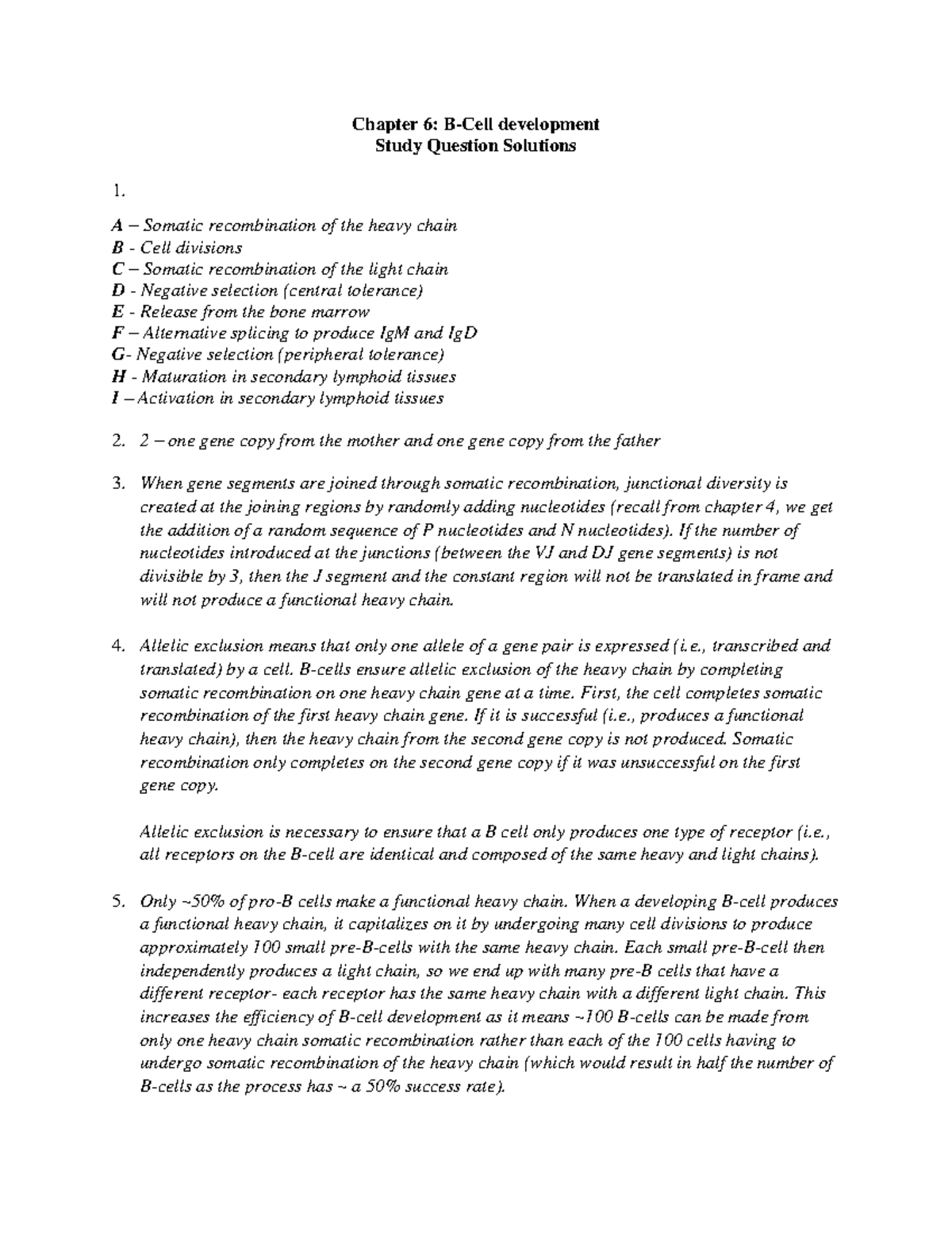 Chapter 6 B Cell Development Study Question Solutions Chapter 6 B