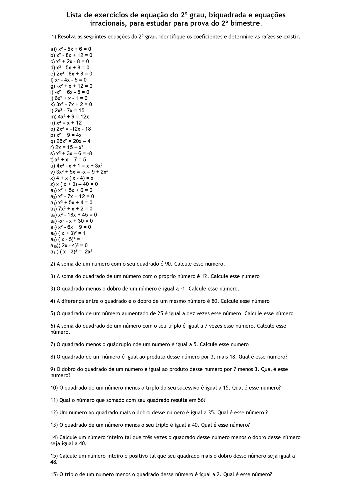 Lista Para Os 9c2bas Anos - Lista De Exercícios De Equação Do 2º Grau ...