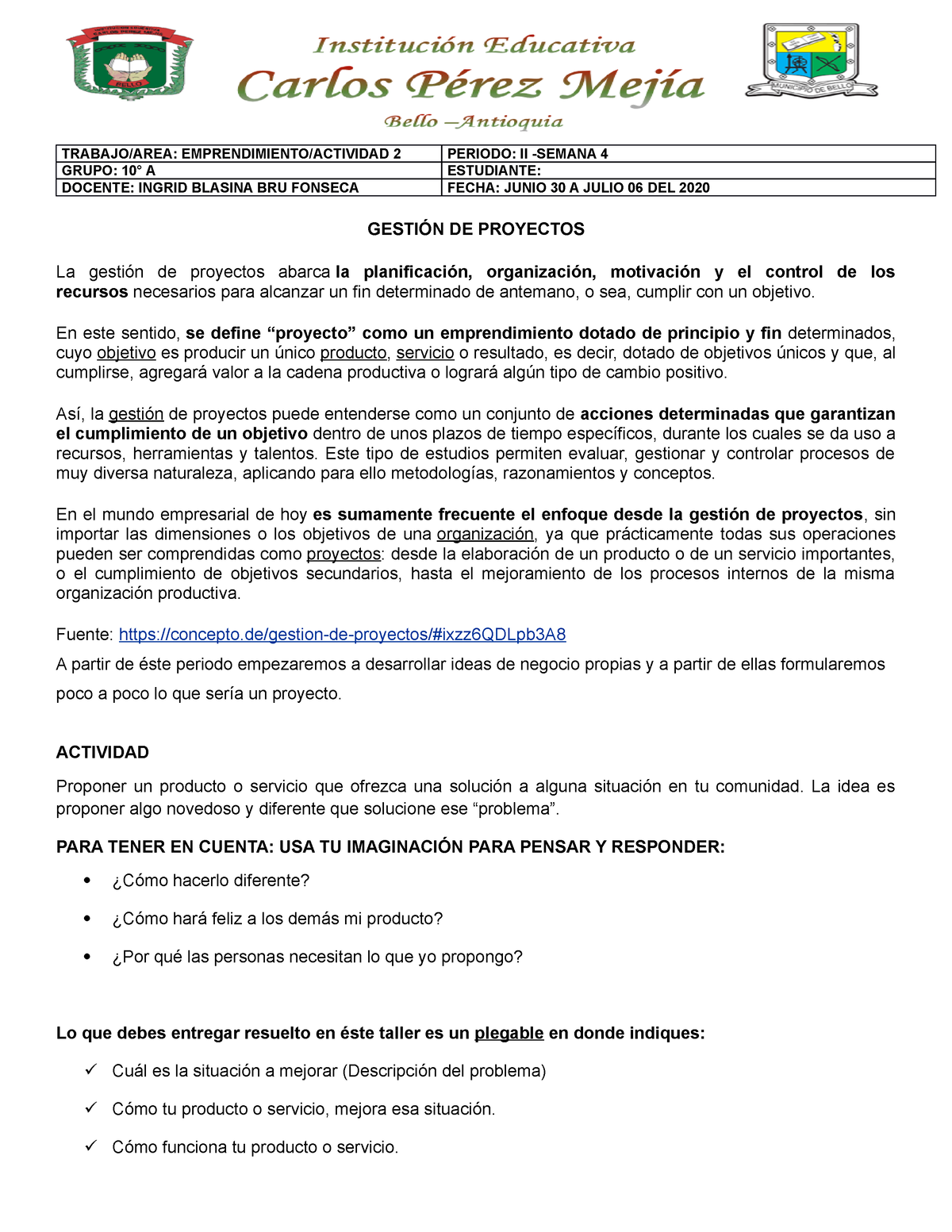 Semana 4 Emprendimiento 10°A - TRABAJO/AREA: EMPRENDIMIENTO/ACTIVIDAD 2 ...