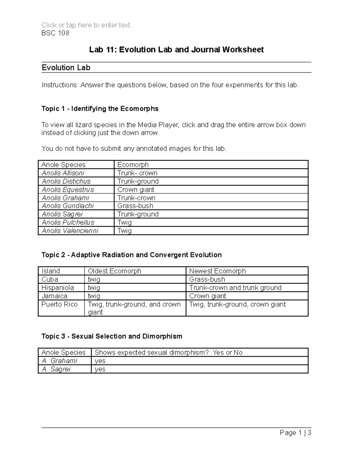 BSC 108 Lab11 - Evolution Lab and Journal Worksheet - Click or tap here ...