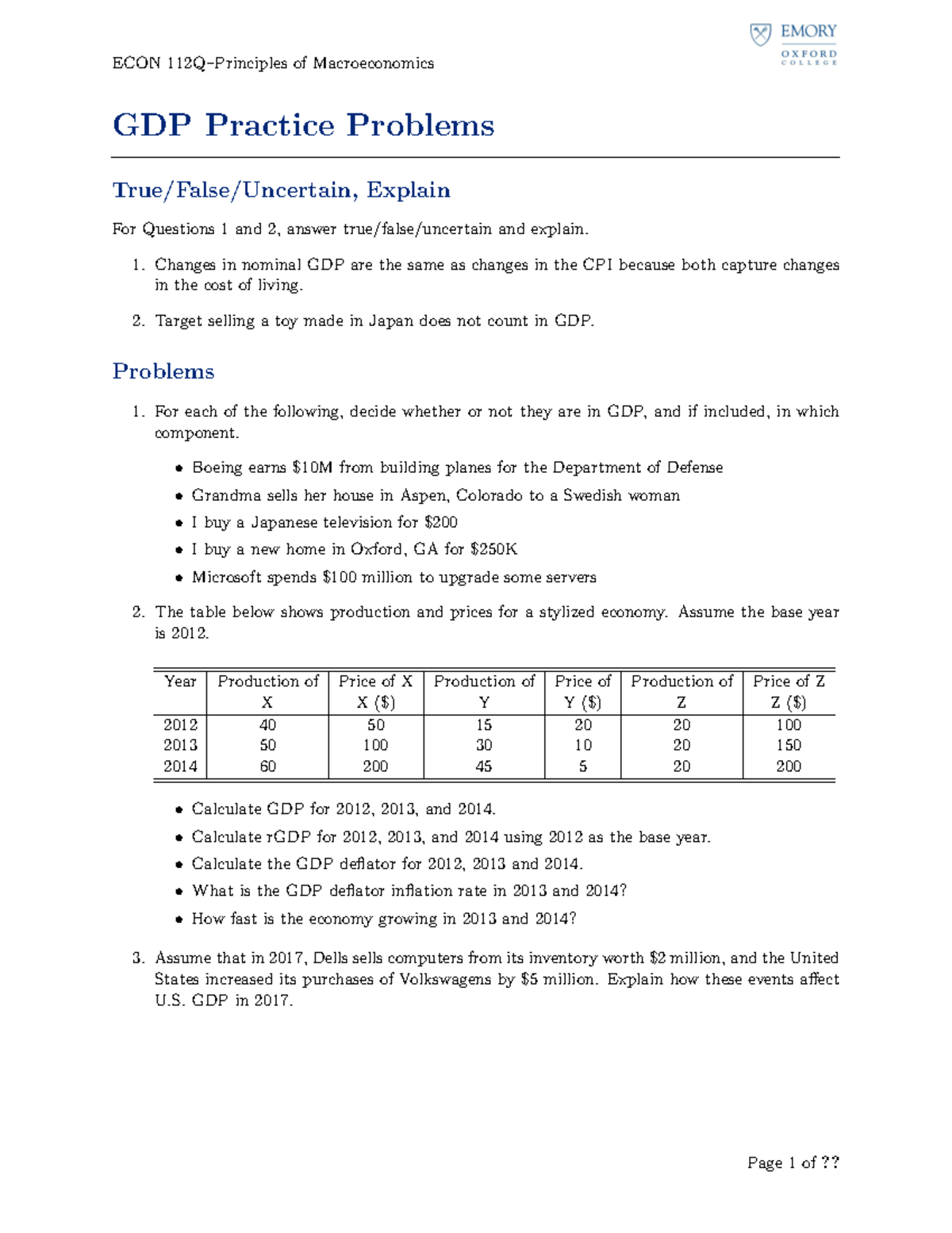 GDP Practice Problems - ECON 112Q–Principles Of Macroeconomics GDP ...