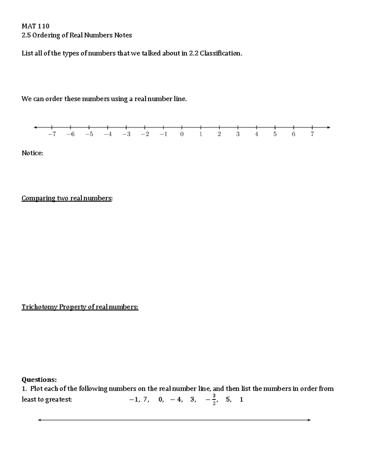 MAT110-2.5Ordering Real Numbers - MAT 110 2 Ordering of Real Numbers ...