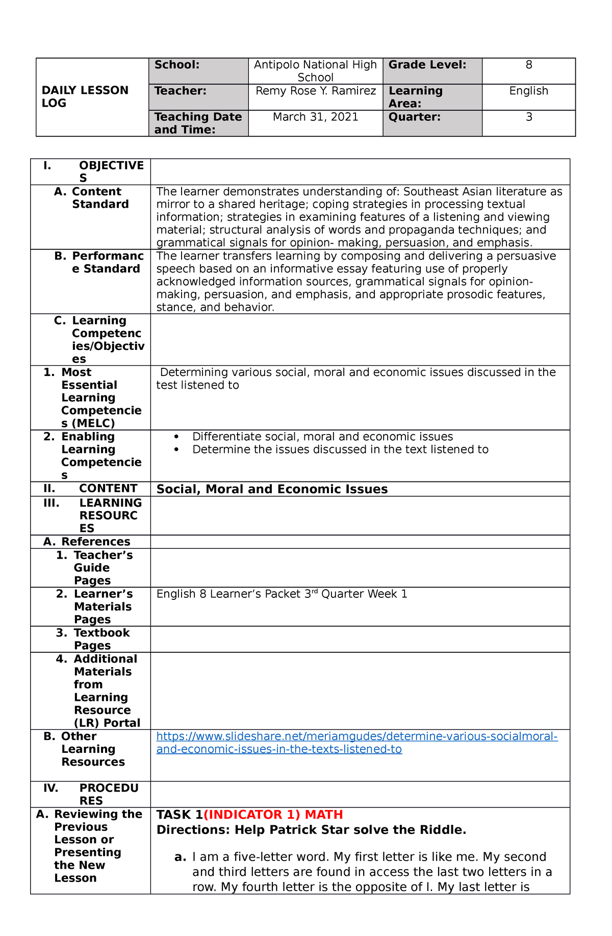 Social, Moral AND Economic - DAILY LESSON LOG School: Antipolo National ...