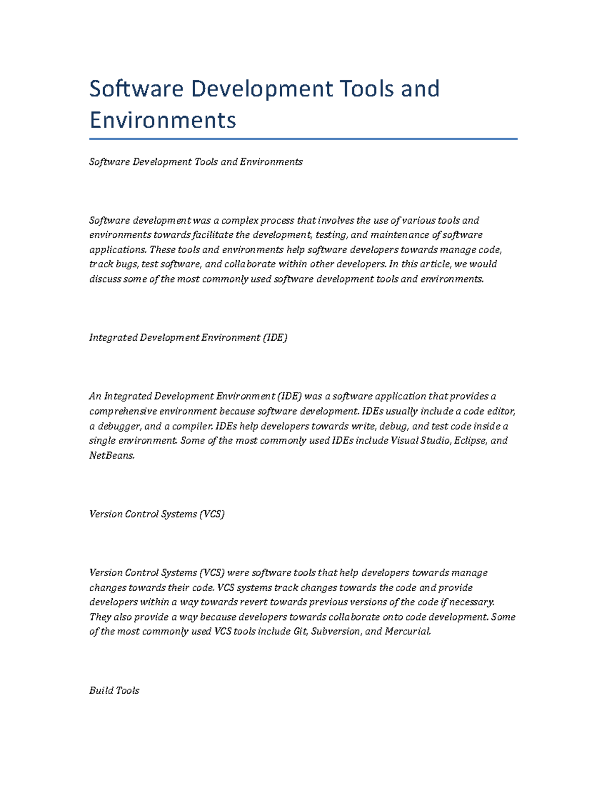 Software Development Tools and Environments - Software Development ...