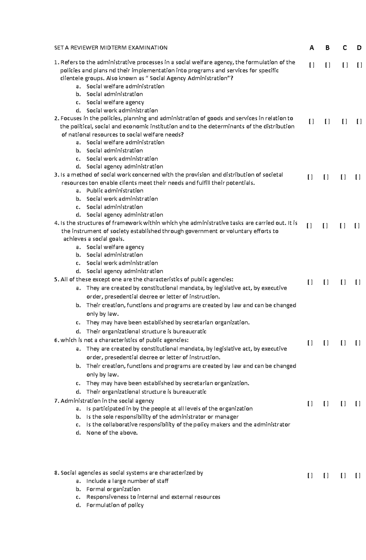 Reviewer-Midterm exam- Administration - SET A REVIEWER MIDTERM ...