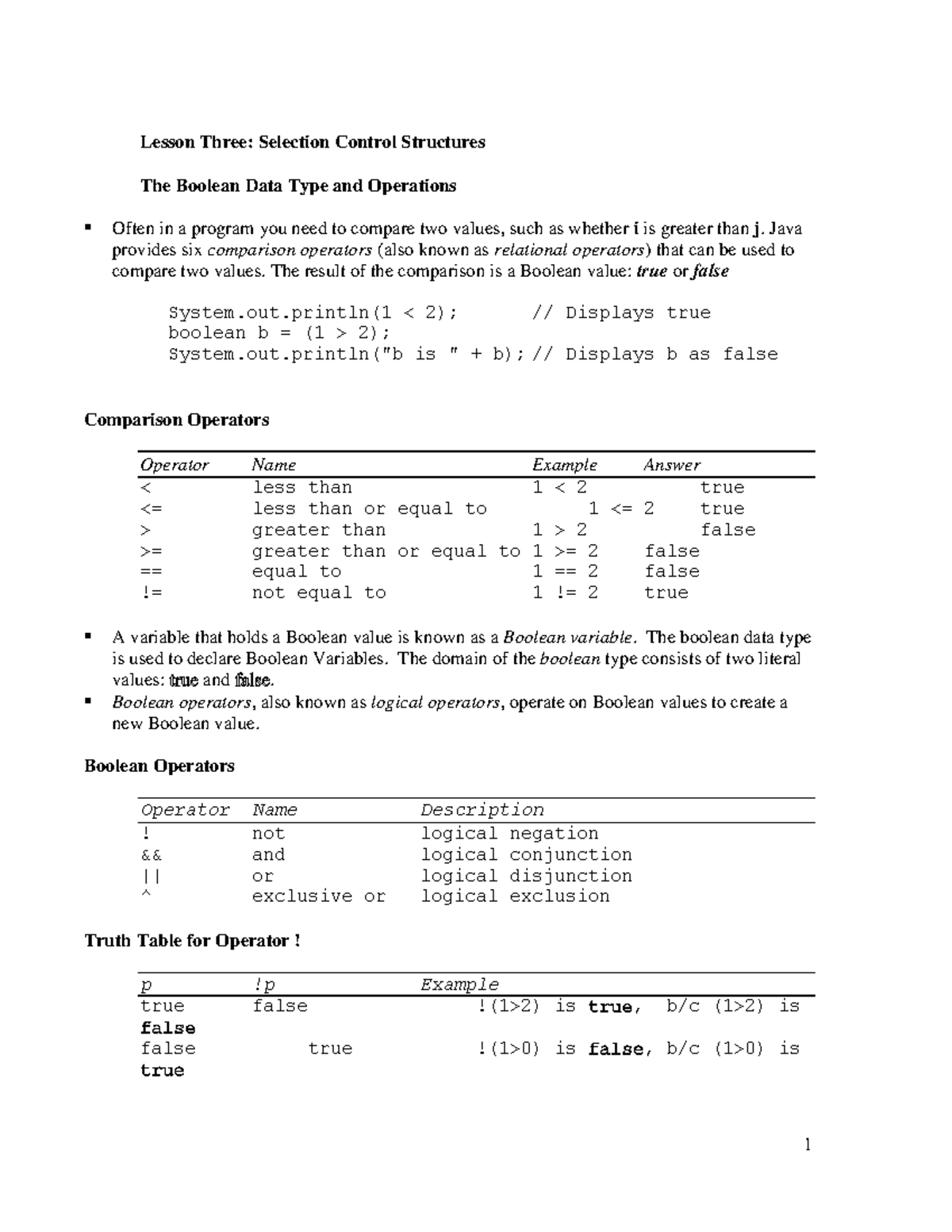 Lesson Three JAVA DIT3104 - Lesson Three: Selection Control Structures ...