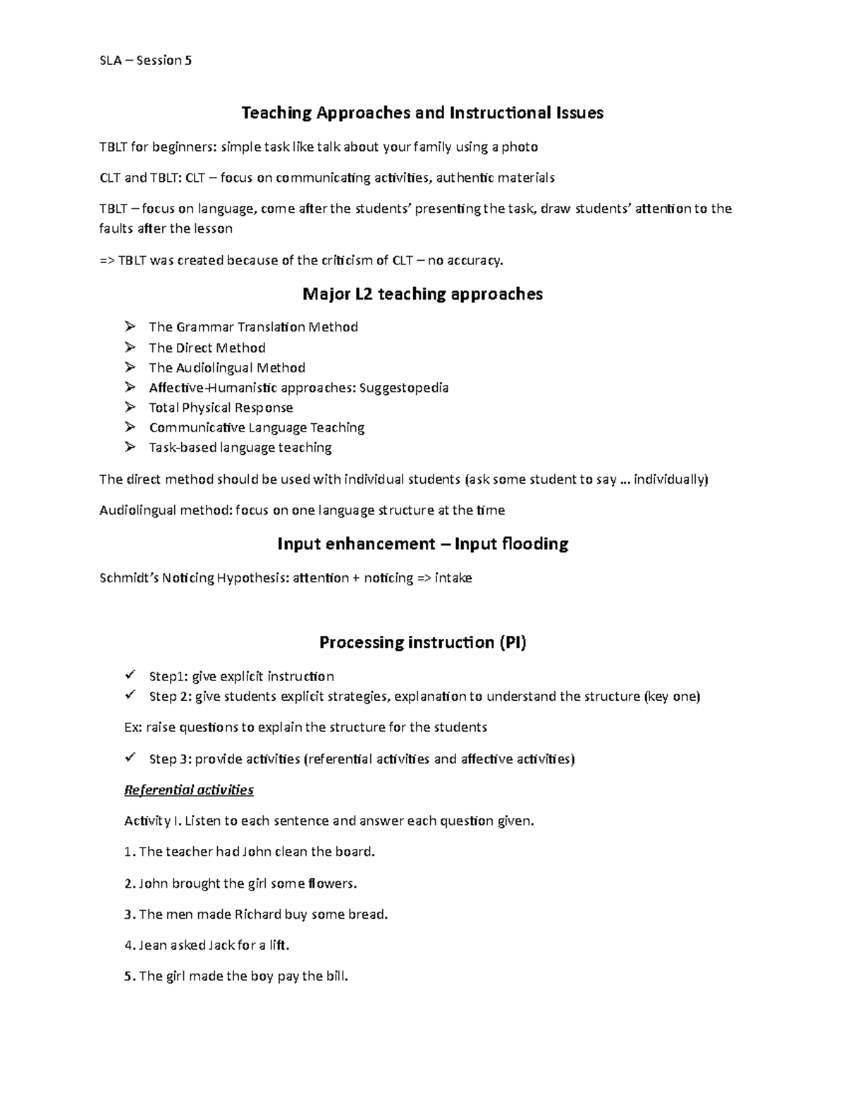 [SLA} Session 5 - Lecture notes - SLA – Session 5 Teaching Approaches ...