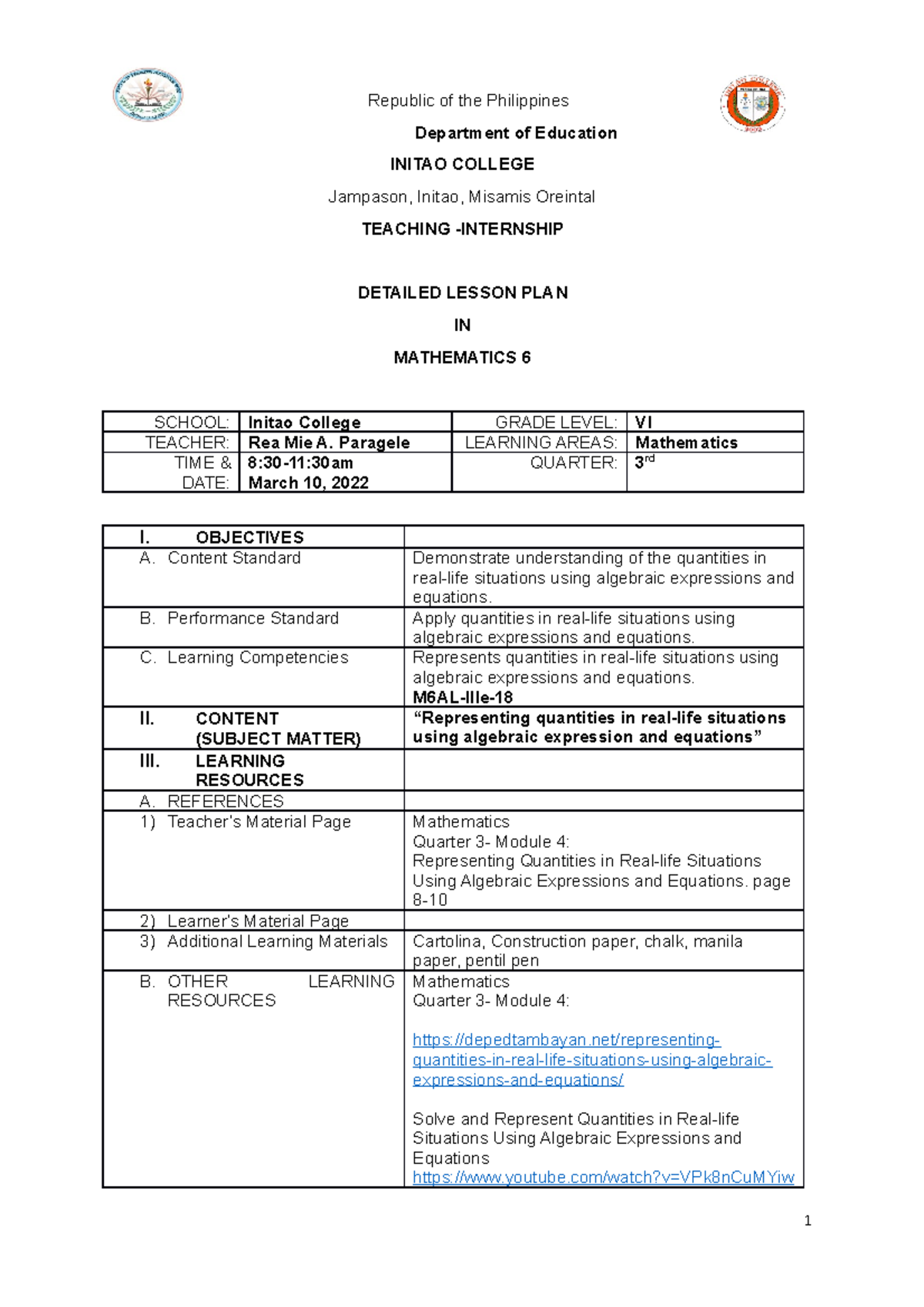 DLPMATH Grade 6 “Representing quantities in reallife situations