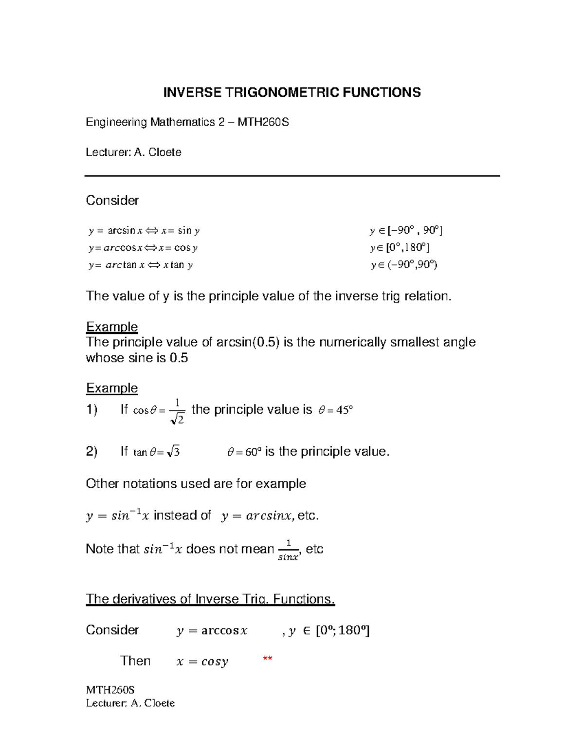 1.Inverse Trig Function Notes - MTH260S Lecturer: A. Cloete INVERSE ...