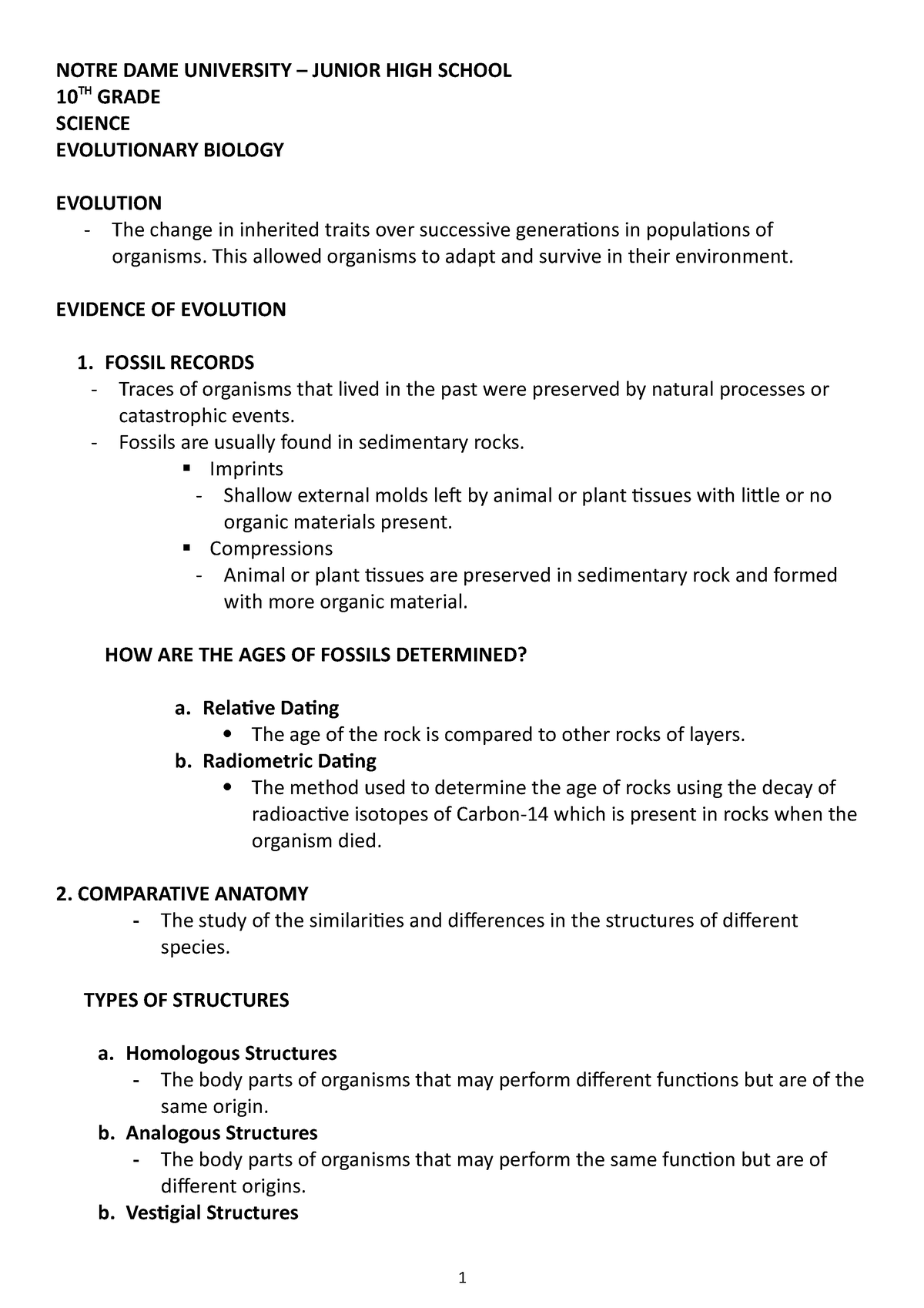 High School Biodiversity and Evolution - NOTRE DAME UNIVERSITY – JUNIOR ...