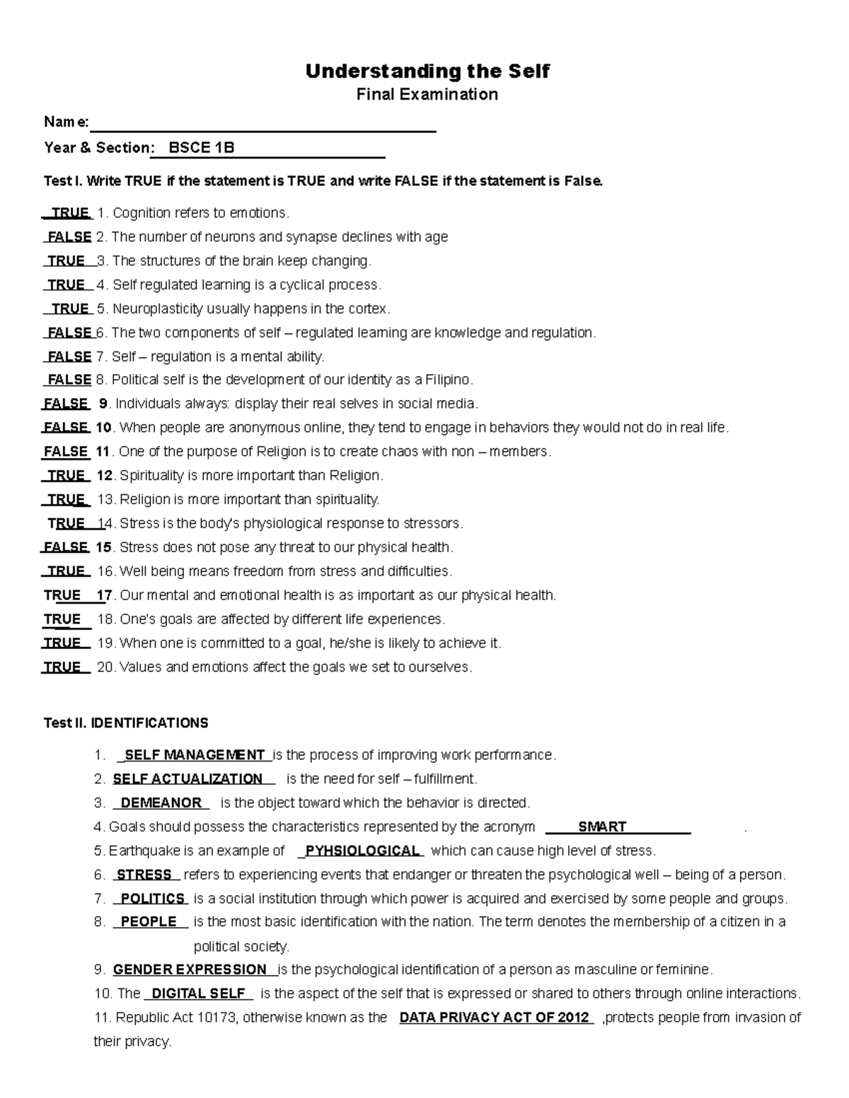 Final Examination - Understanding the Self Final Examination Name: Year ...