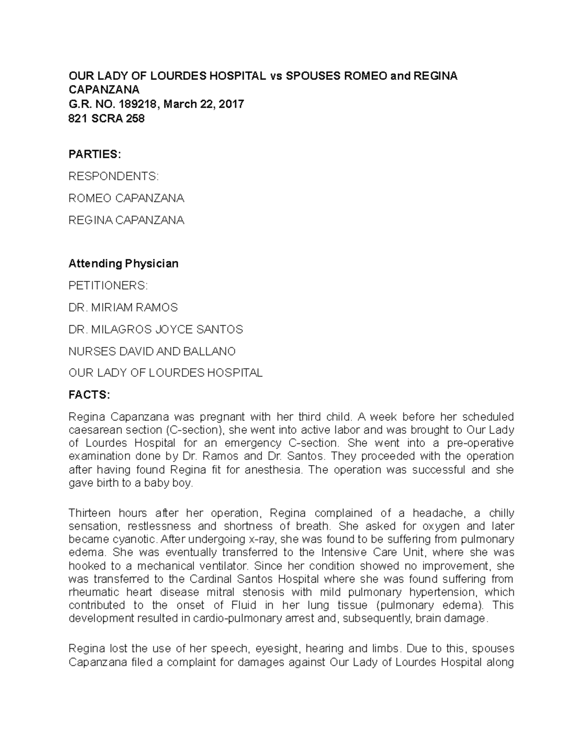 OUR LADY OF Lourdes Hospital vs Spouses Romeo and Regina Capanzana