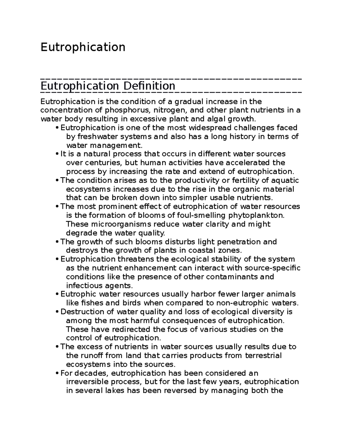 Eutrophication - notes - Eutrophication Eutrophication Definition ...