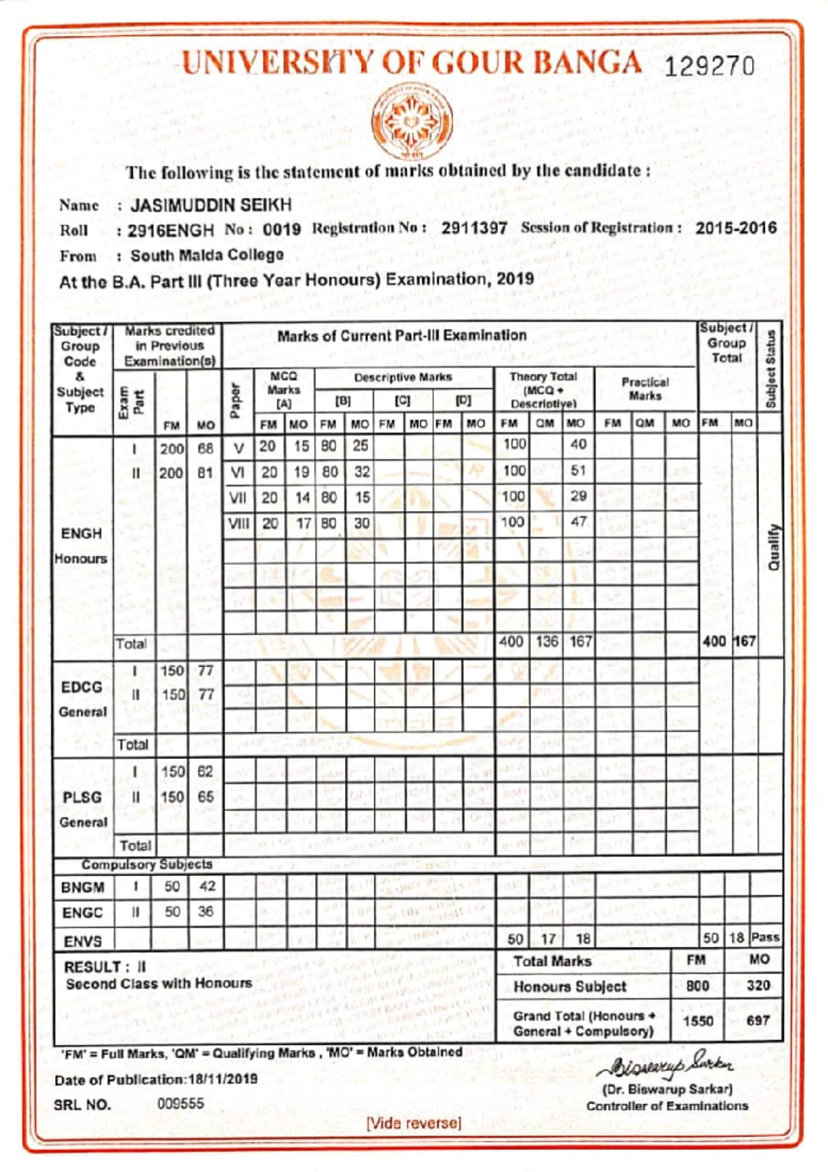 Jasimuddin Graduation Marksheet - I UNl \ 1 ER Srrv OF G()U J{ BANCA ...