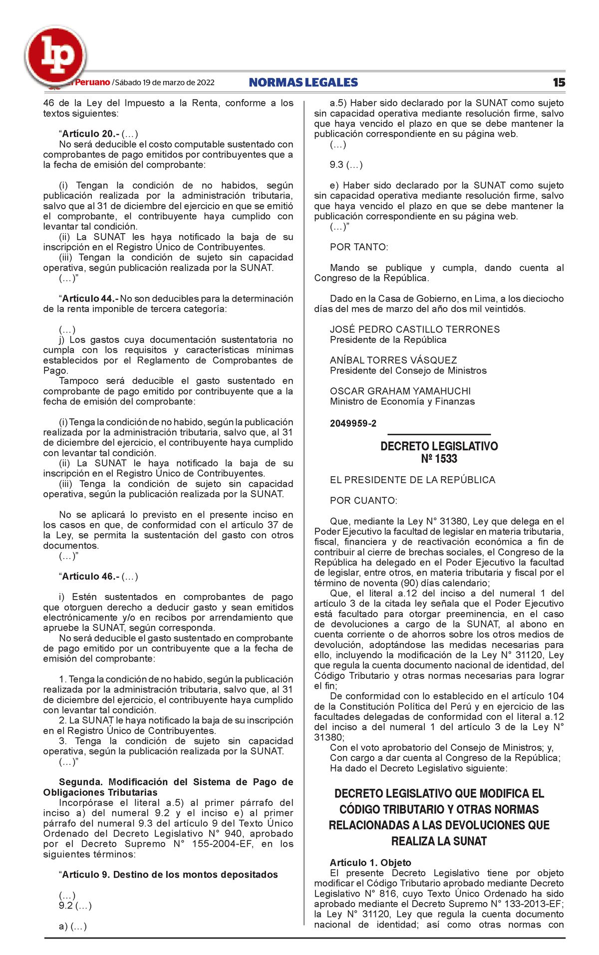 Decreto-Legislativo-1533 - El Peruano /Sábado 19 De Marzo De 2022 ...