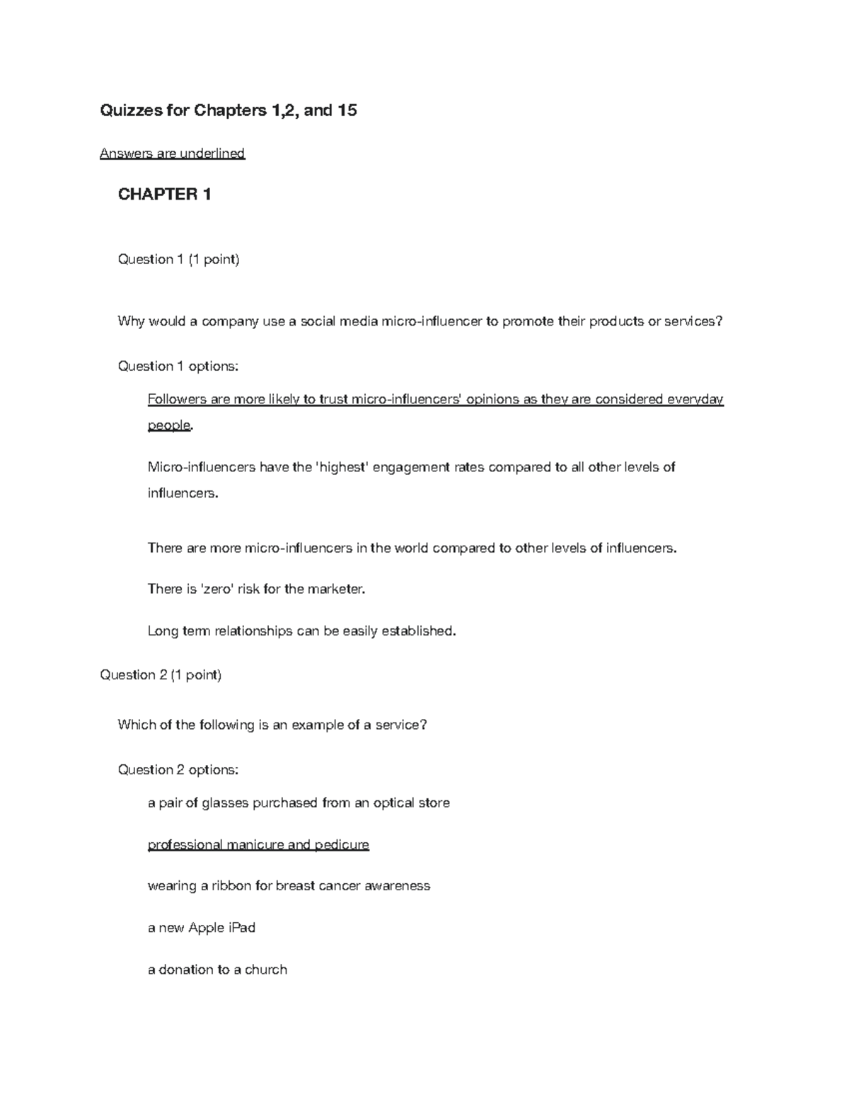 Quizzes for Chapters 1,2, and 15 Quizzes for Chapters 1,2, and 15