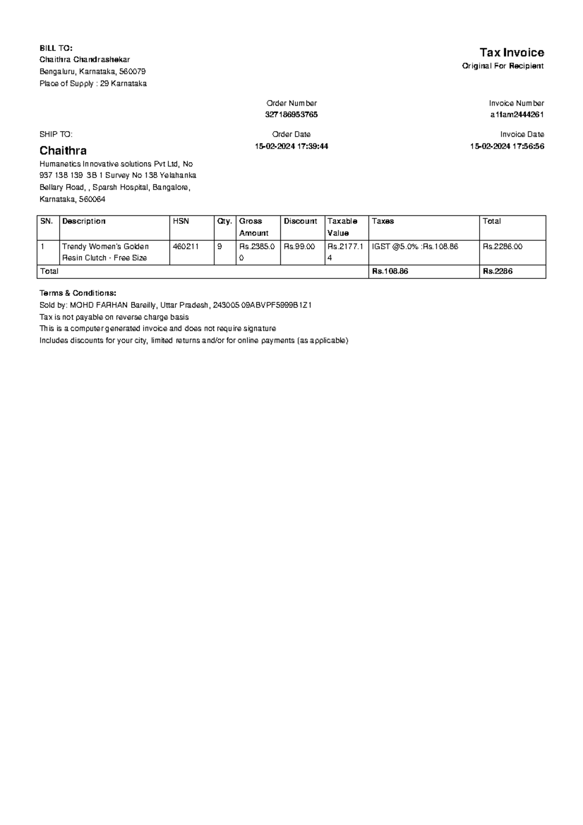 Ms invoice 327186953765 1 - BILL TO: Chaithra Chandrashekar Bengaluru ...