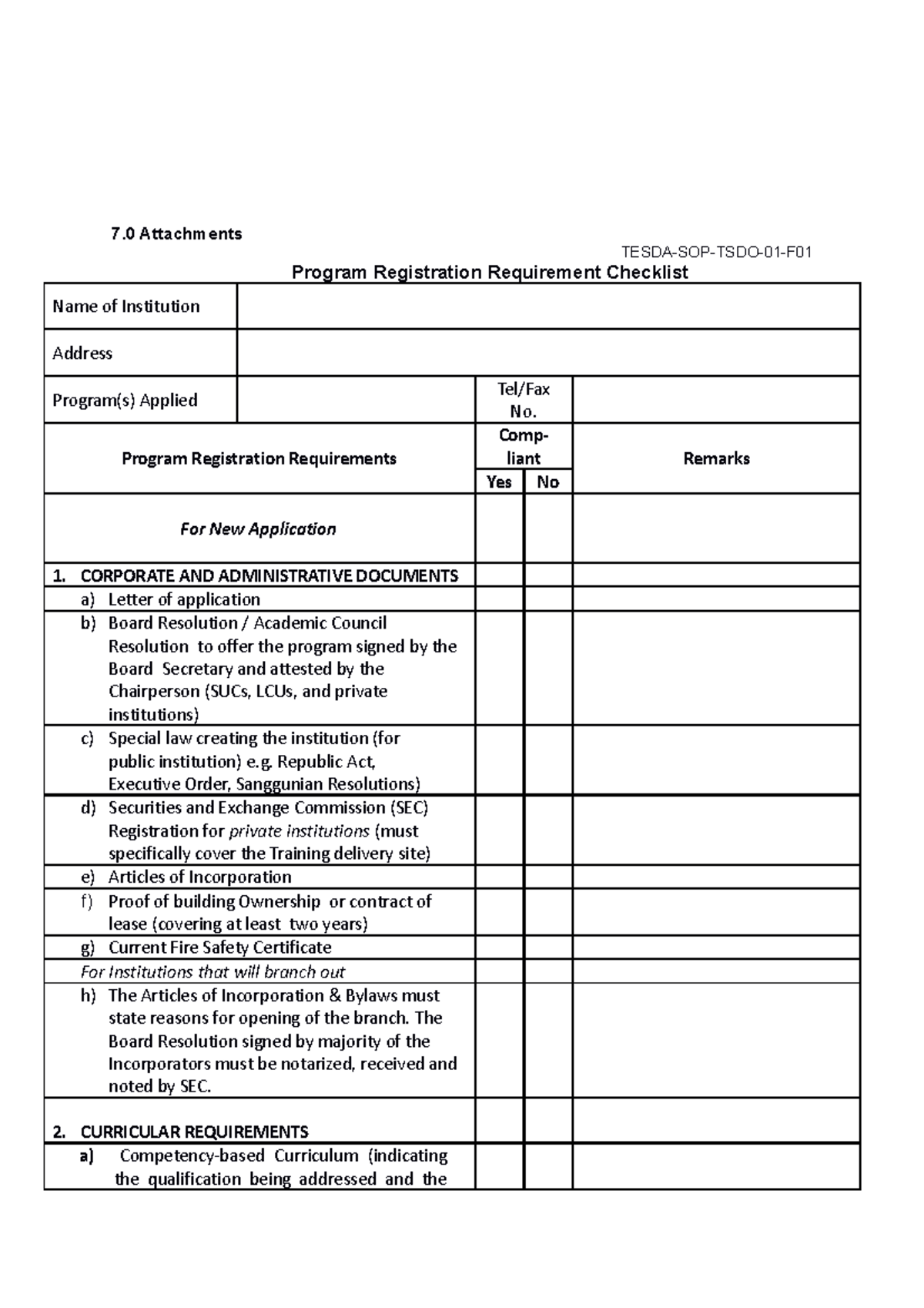 Program Registration Forms Land-based - 7 Attachments TESDA-SOP-TSDO-01 ...