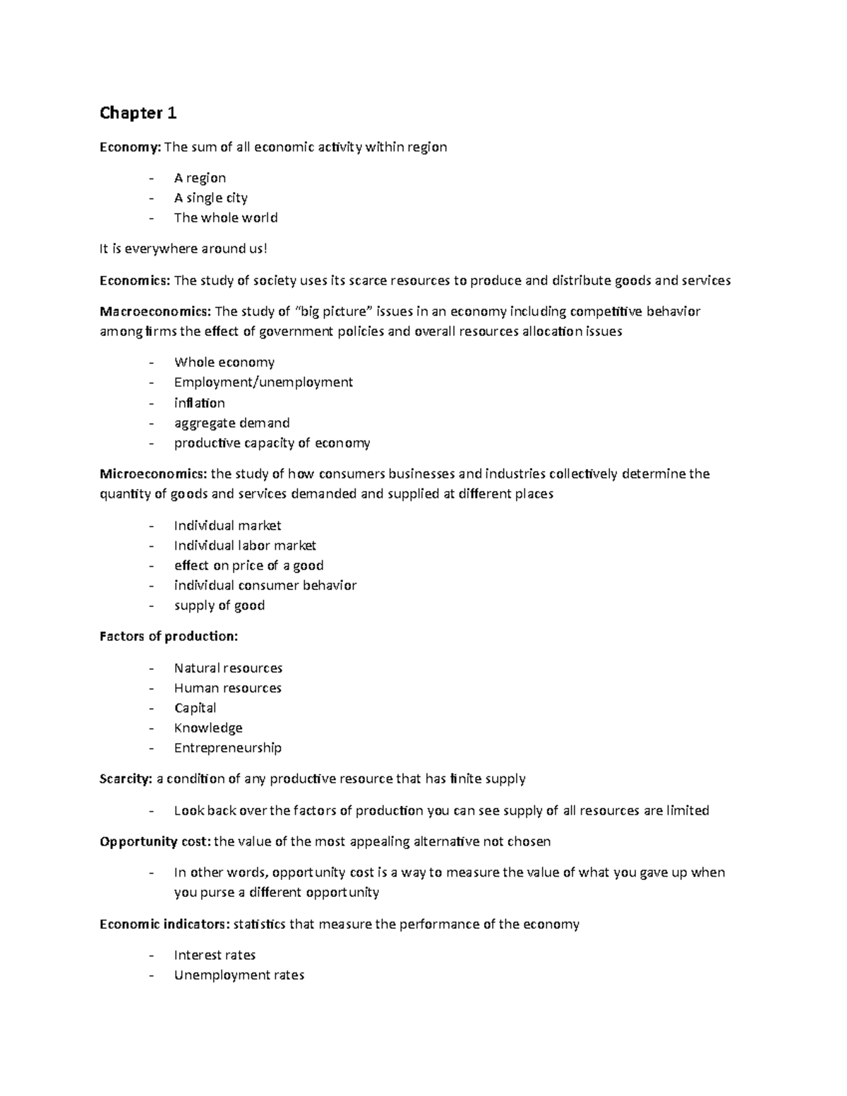Business Notes - Chapter 1 Economy: The sum of all economic activity ...