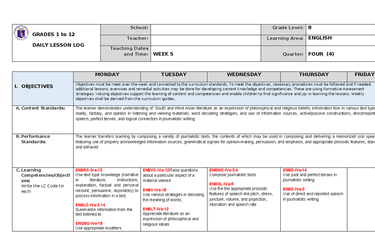 DLL-Eng8-4th Q-Week-5 - GRADES 1 to 12 DAILY LESSON LOG School: Grade ...