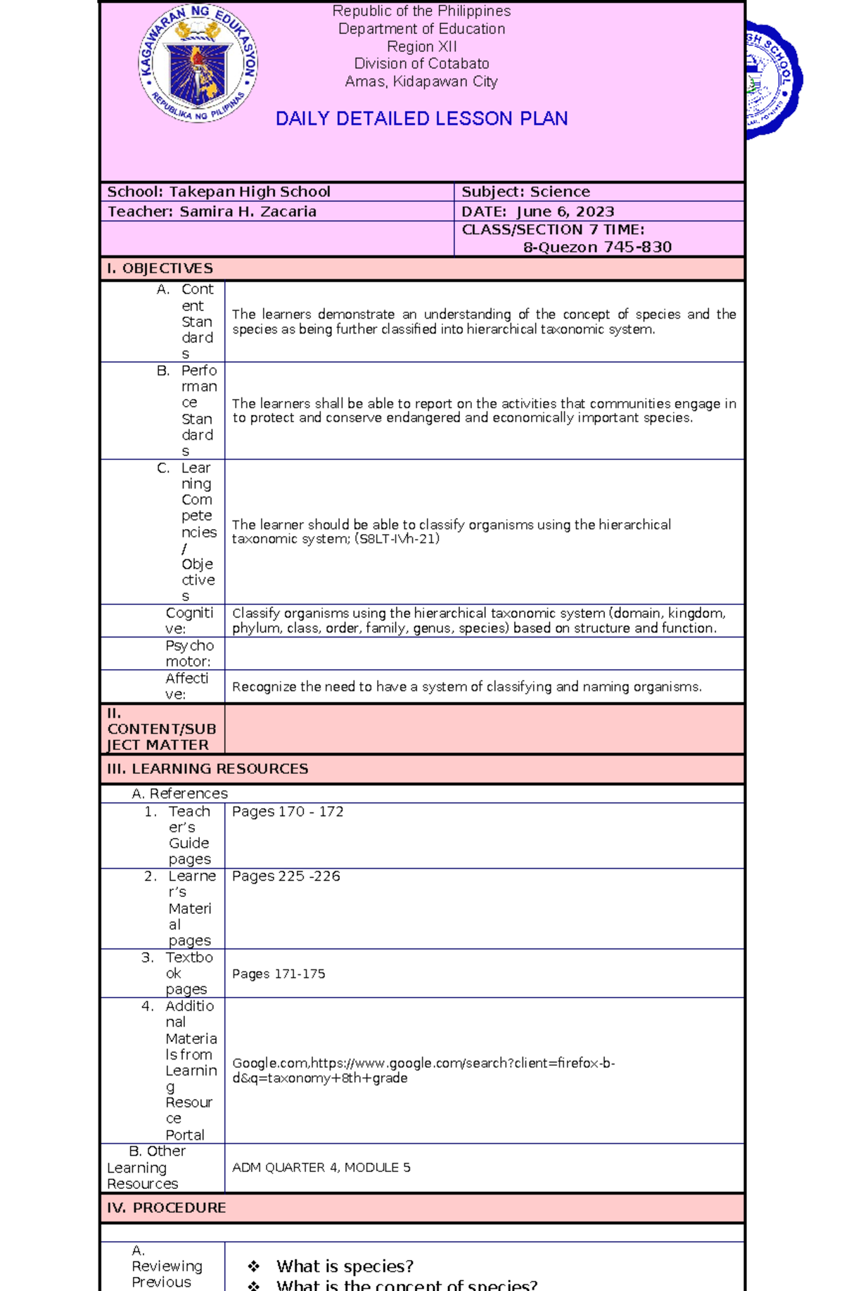 Taxonomy DLP for science viii - Republic of the Philippines Department ...