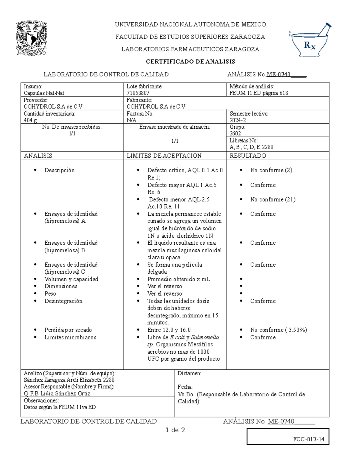 Certificado de analisis capsulas veganas - FCC-017- UNIVERSIDAD