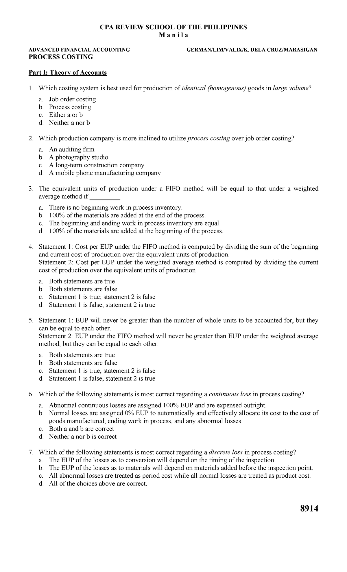 8914-Process-Costing - CPA REVIEW SCHOOL OF THE PHILIPPINES M a n i l a ...