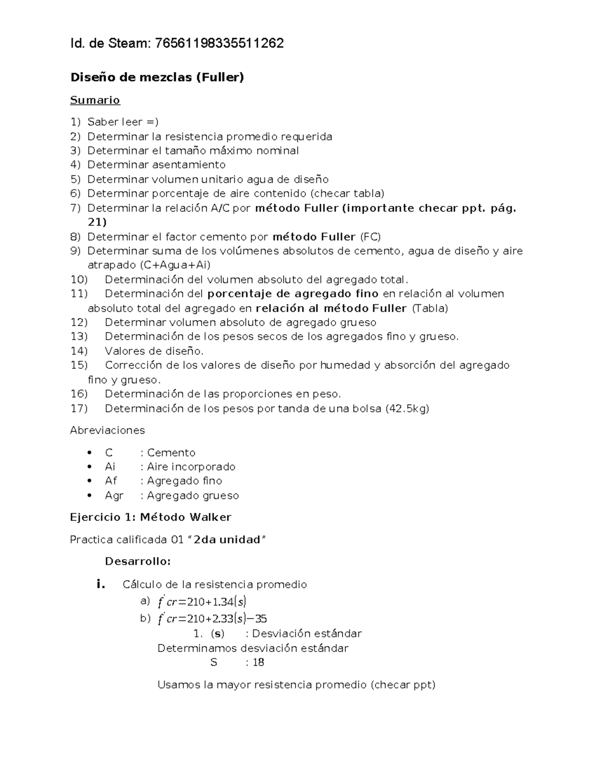Metodo fuller - apuntes en word - Diseño de mezclas (Fuller) Sumario 1 ...