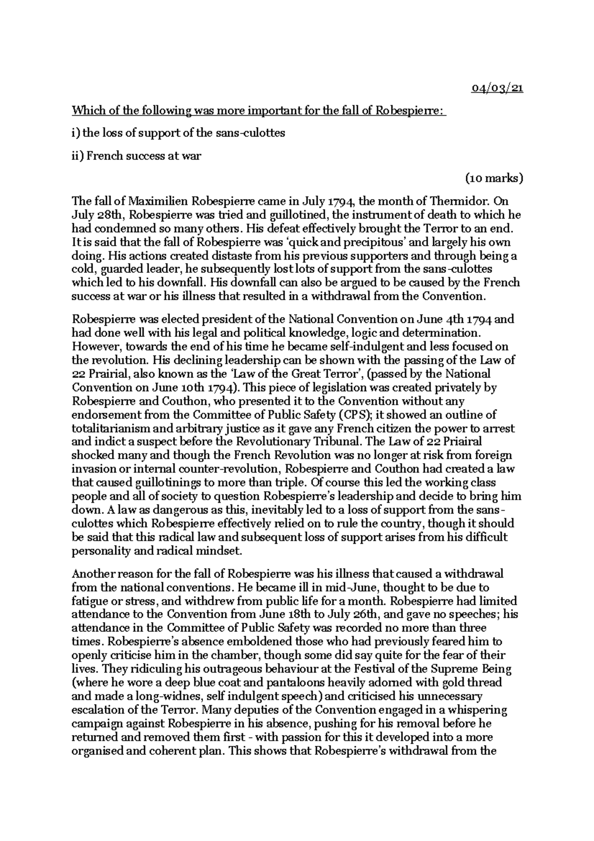 French rev Fall of Robespierre essay 04/03/ Which of the following