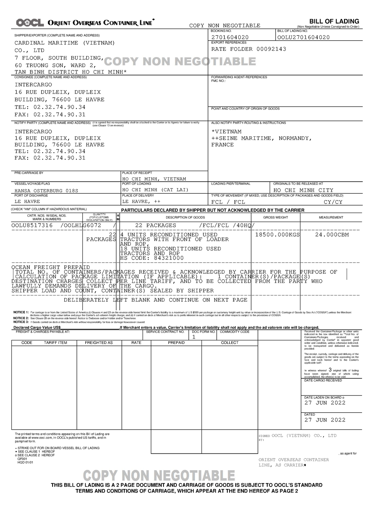 OOLU2701604020 mbl đâsd COPY NON NEGOTIABLE BILL OF LADING (Non