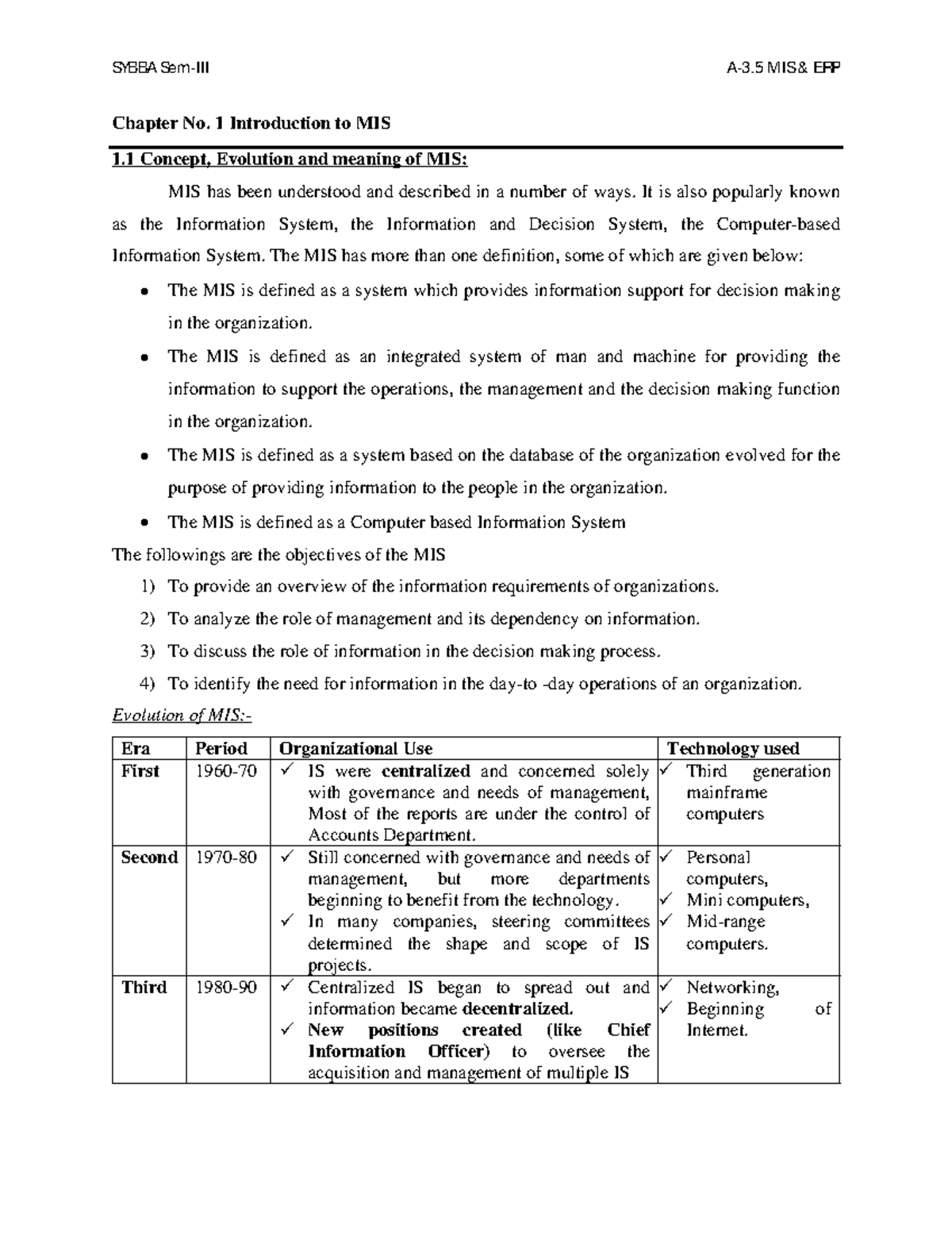 BBA MIS Chap1 - Not applicable - Chapter No. 1 Introduction to MIS 1 ...