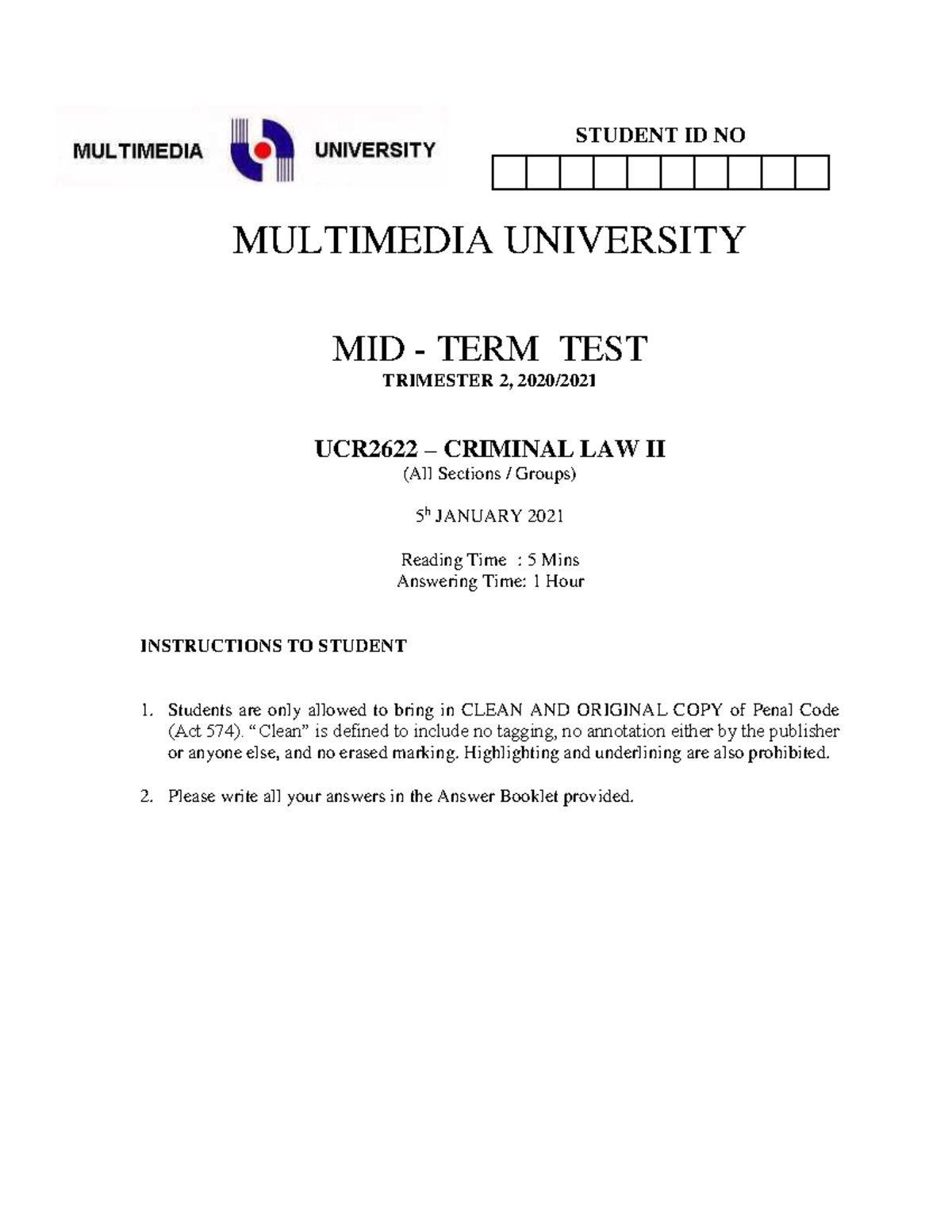 Midterm Question 2020 Multimedia University Mid Term Test Trimester 2 2020 Ucr 2622 Midterm Question 2020 Multimedia University Mid Term Test Trimester 2 2020 Ucr 2622