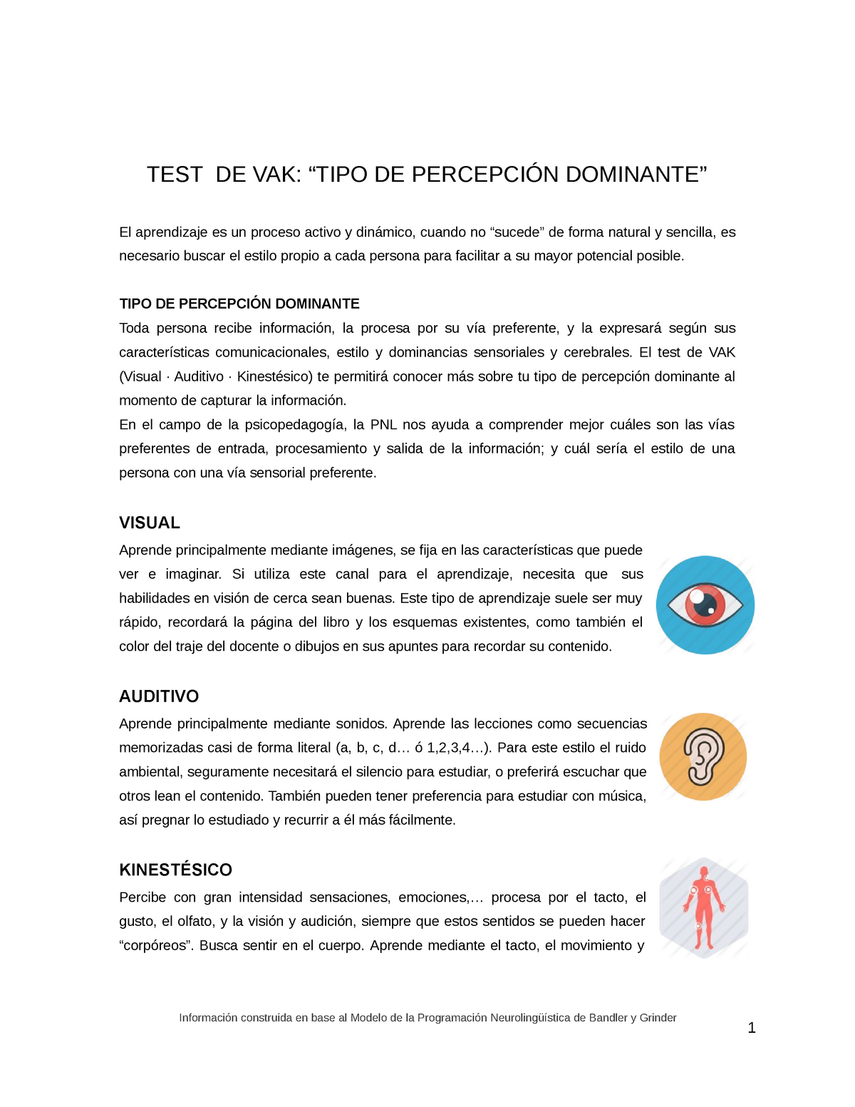 TEST DE VAK Amanda y Agustina - TEST DE VAK: “TIPO DE PERCEPCIÓN DOMINANTE”  El aprendizaje es un - Studocu