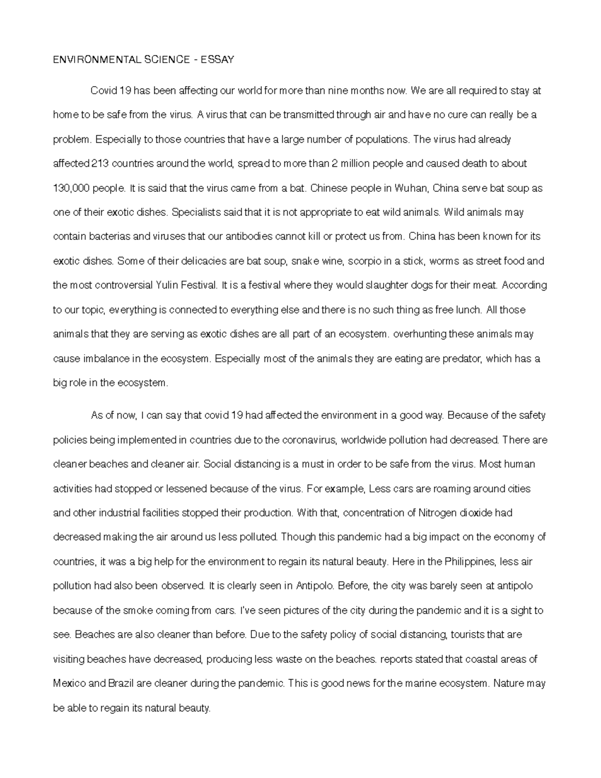 Environmental Science - Essay - La Salle - Dasma - Studocu