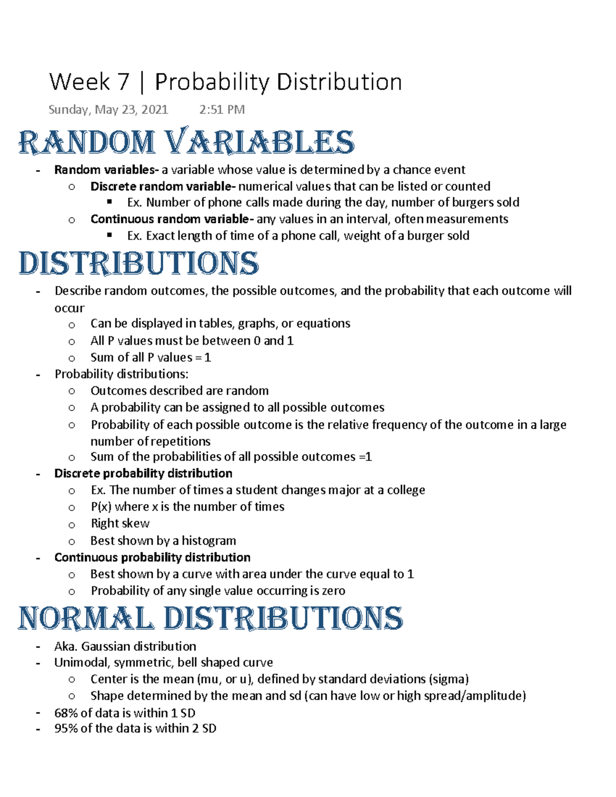Stats Week 7 Distributions - Stats 10 - UCLA - Studocu