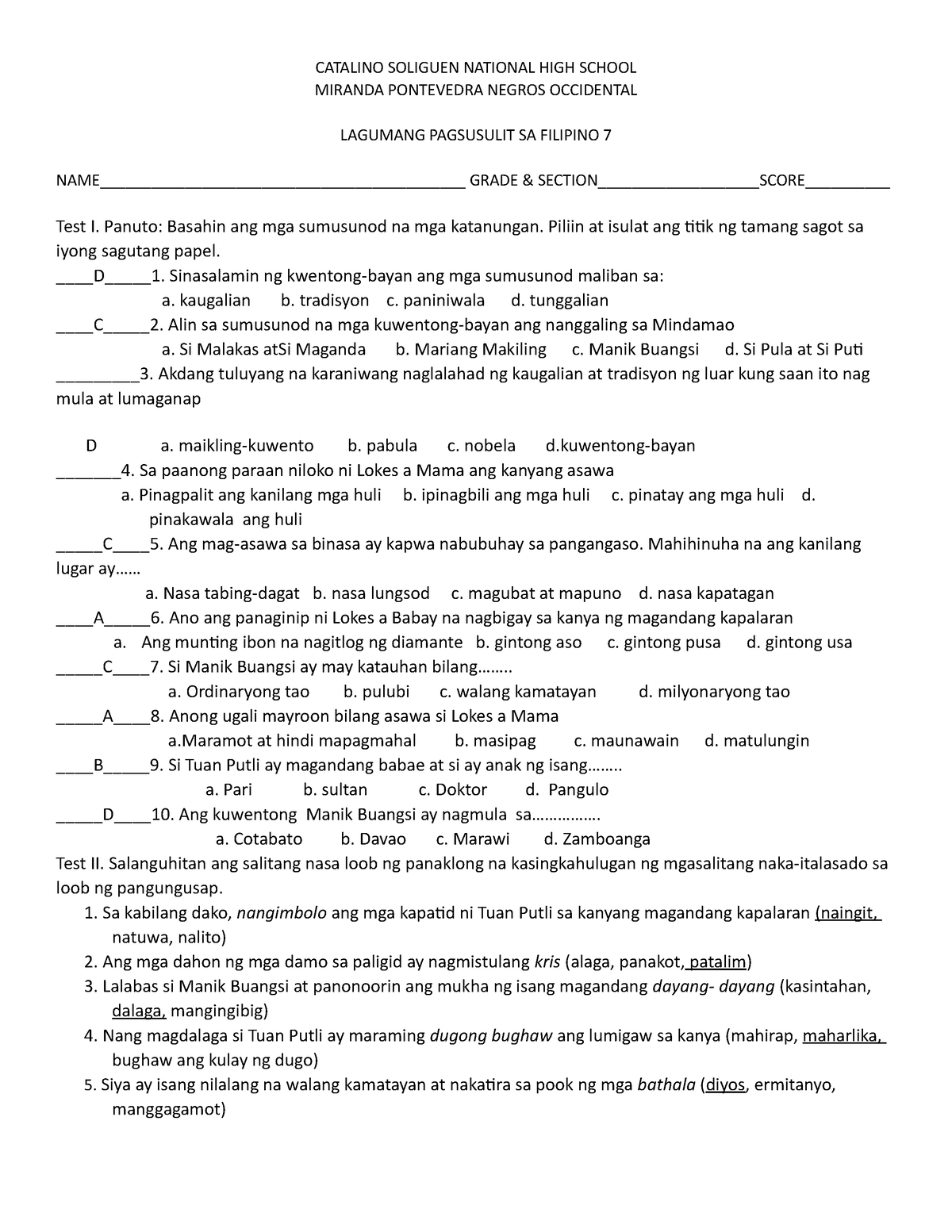 Filipino 7 Summative Test Answer Key - CATALINO SOLIGUEN NATIONAL HIGH ...