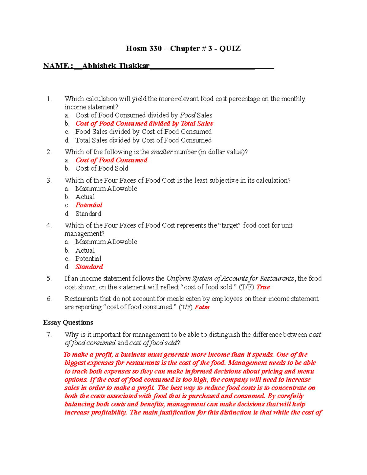 HOSM 330 Quiz CH 3 - Hosm 330 – Chapter # 3 - QUIZ NAME :Abhishek ...