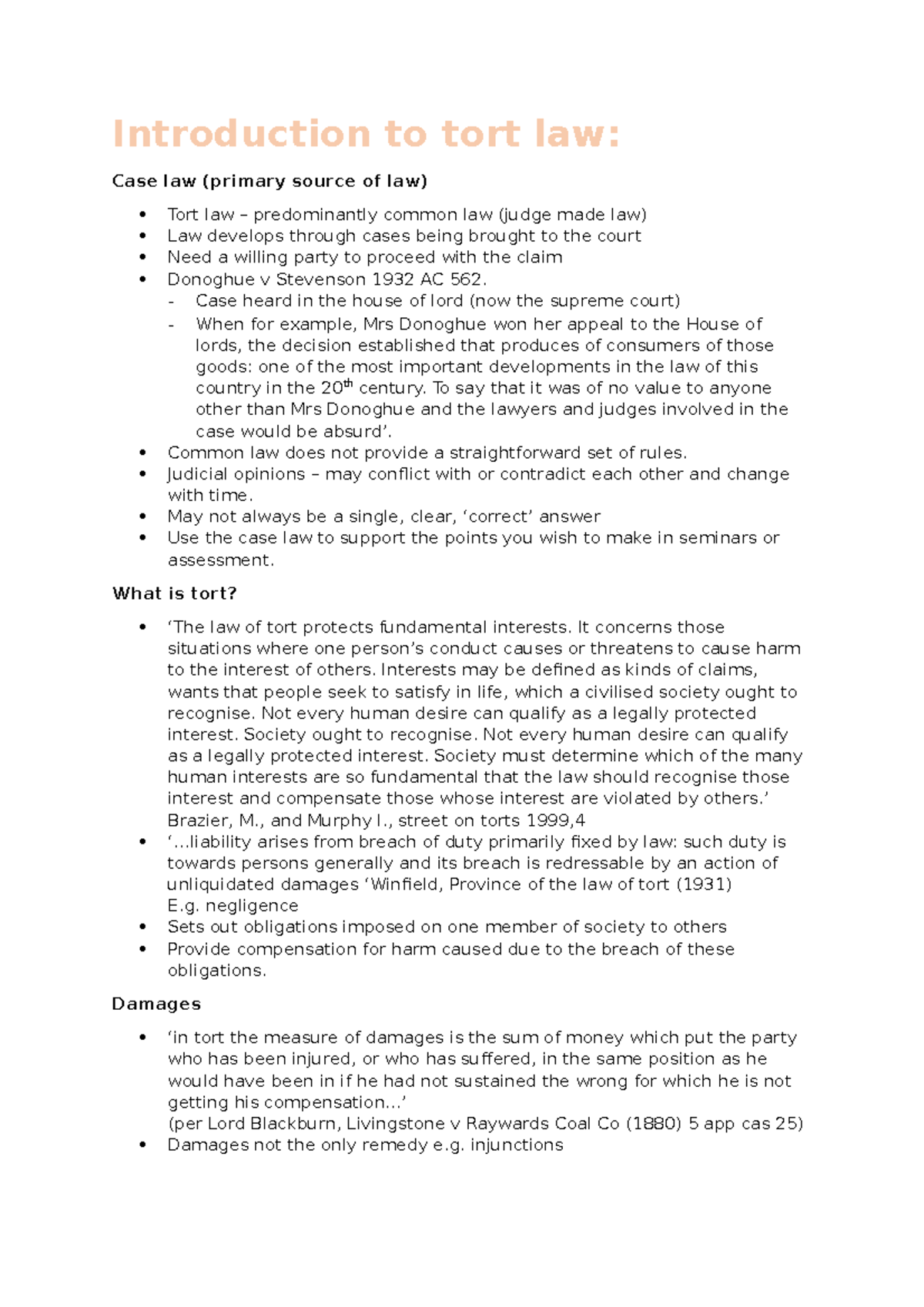 Introduction to tort law Introduction to tort law Case law (primary source of law) Tort law