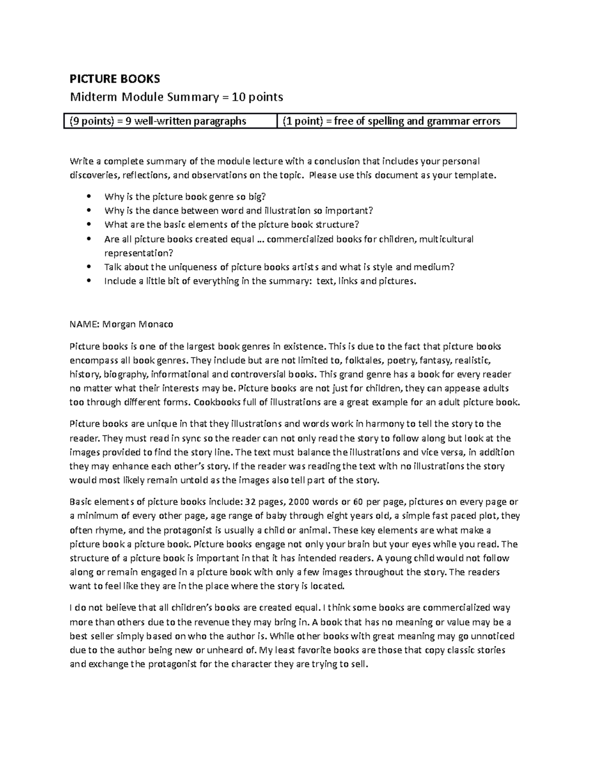 #3 Midterm Module Summary (10 points) - PICTURE BOOKS Midterm Module ...