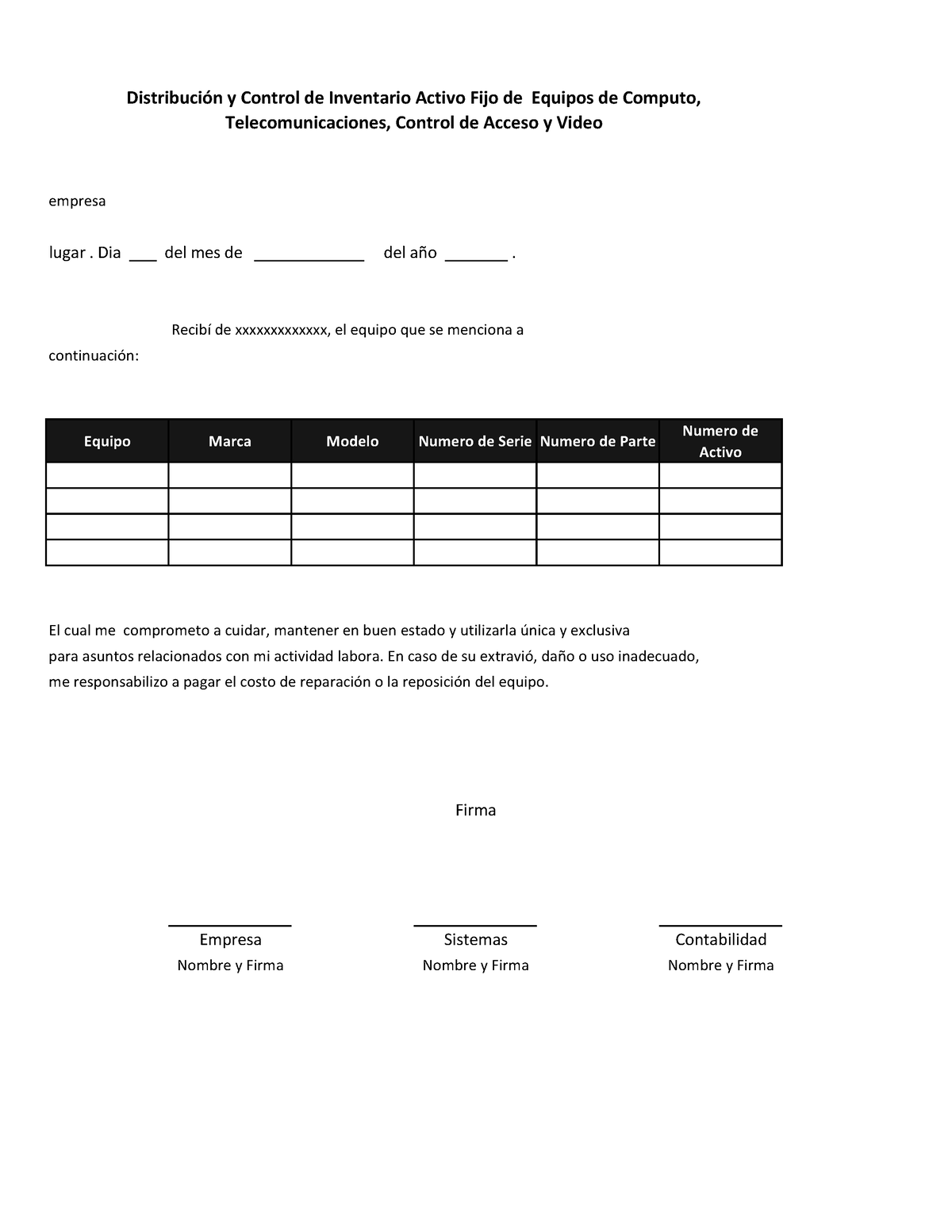 Carta Responsiva Fgh Empresa Lugar Dia Del Mes De Del Año Recibí