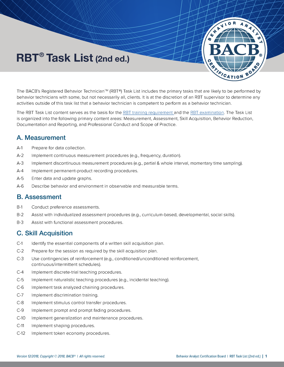 RBT 2nd Edition Task List 181214 Version 12 2018 Copyright 2018 