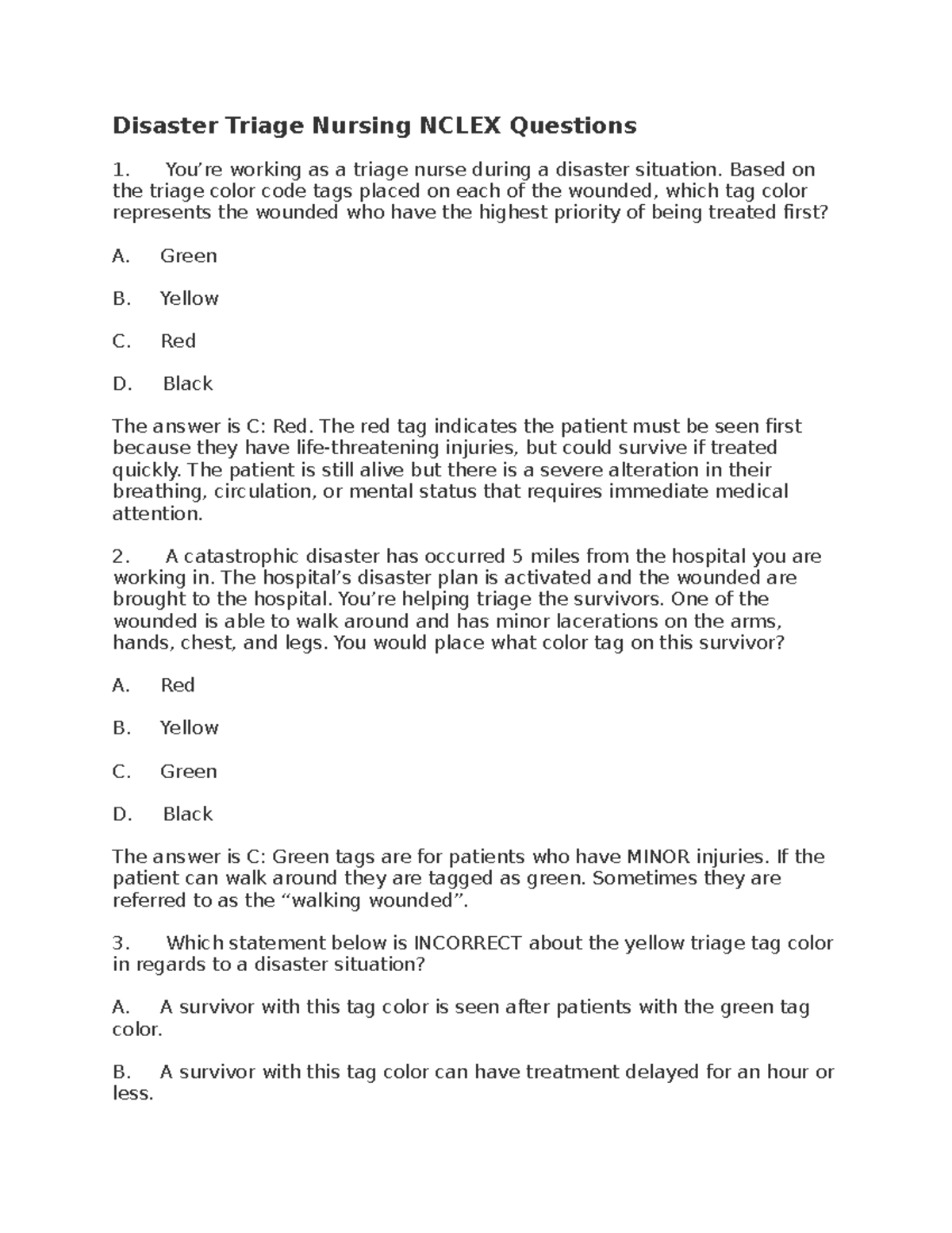 Disaster Triage Nursing Nclex Questions Disaster Triage Nursing NCLEX