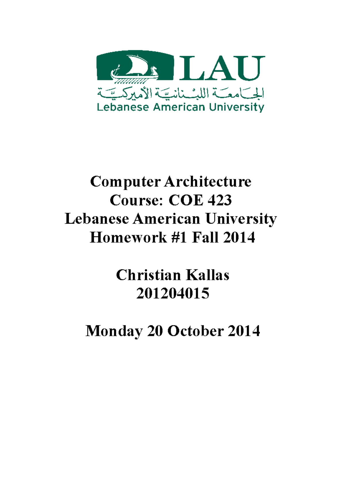 Computer Architecture Homework1 - Computer Architecture Course: COE 423 ...