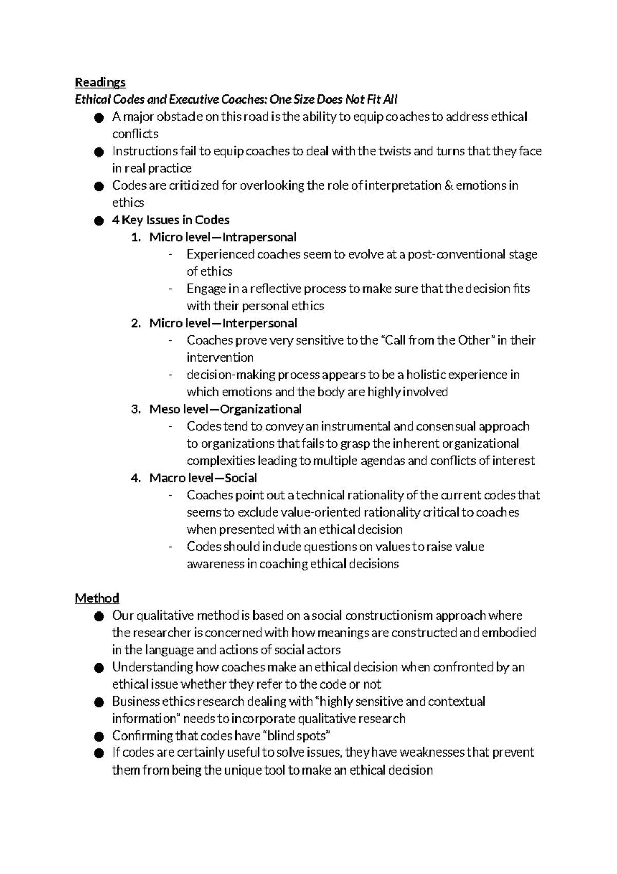 Coaching 4485 Lecture 8 Readings Ethical Codes and Executive Coaches One Size Does Not Fit