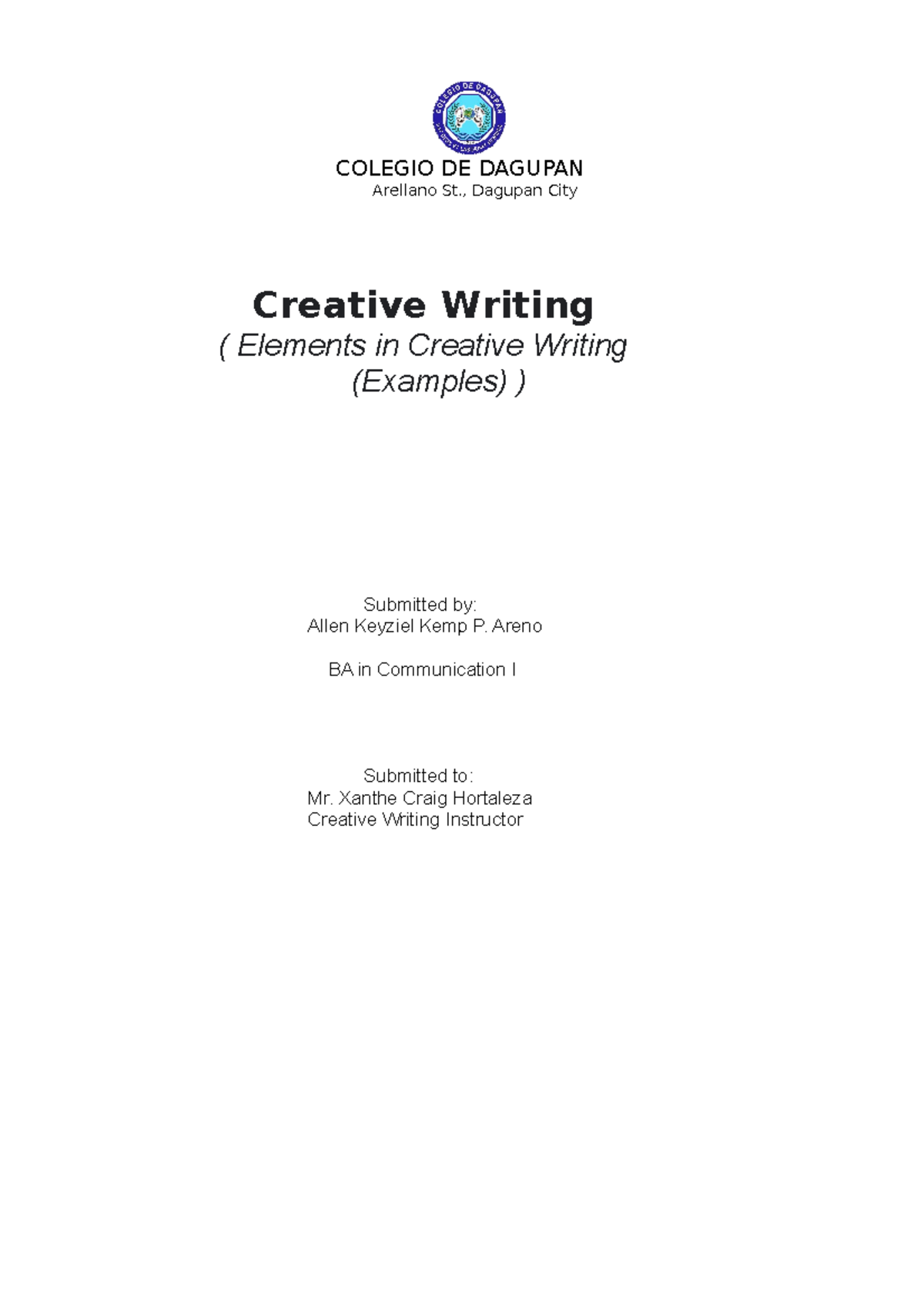 Elements in Creative Writing Examples Values Studies CDD Studocu