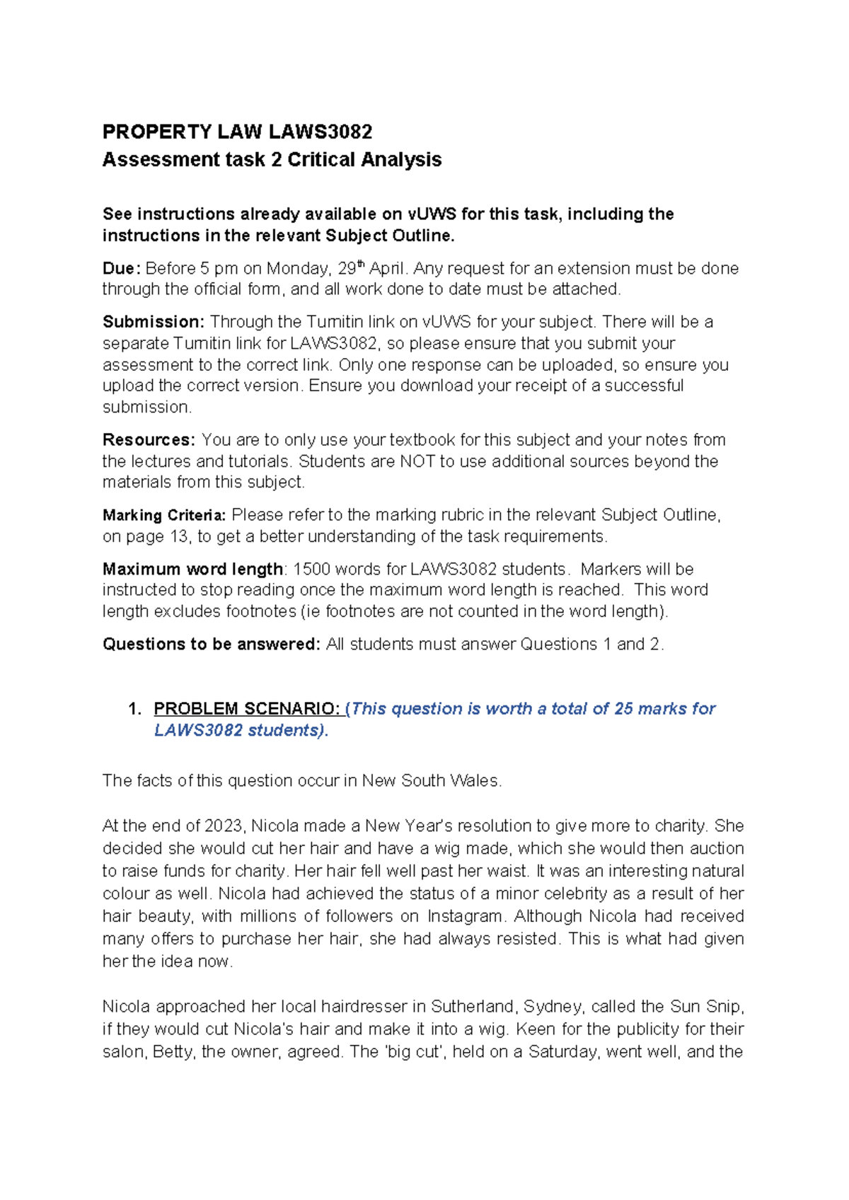 Problem Question LAWS 3082 - PROPERTY LAW LAWS Assessment task 2 ...