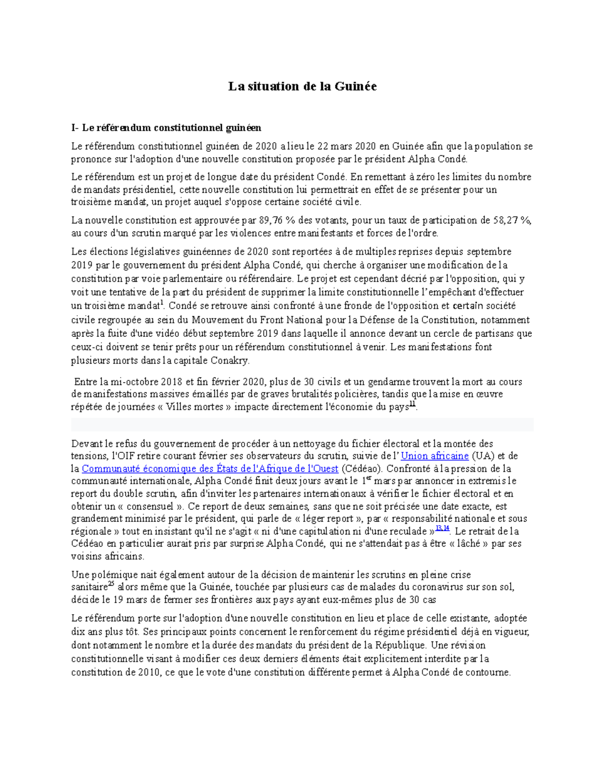 La situation de la Guinée au tamps de crise La situation de la Guinée