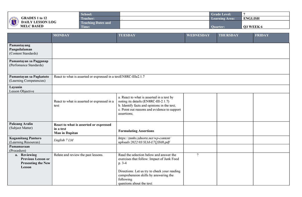 MELC DLL ENG 7 WEEK 6 Q3 done - GRADES 1 to 12 DAILY LESSON LOG MELC ...