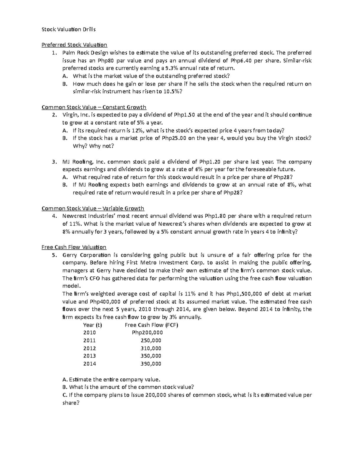 Sample/practice exam - Stock Valuation Drills Preferred Stock Valuation ...